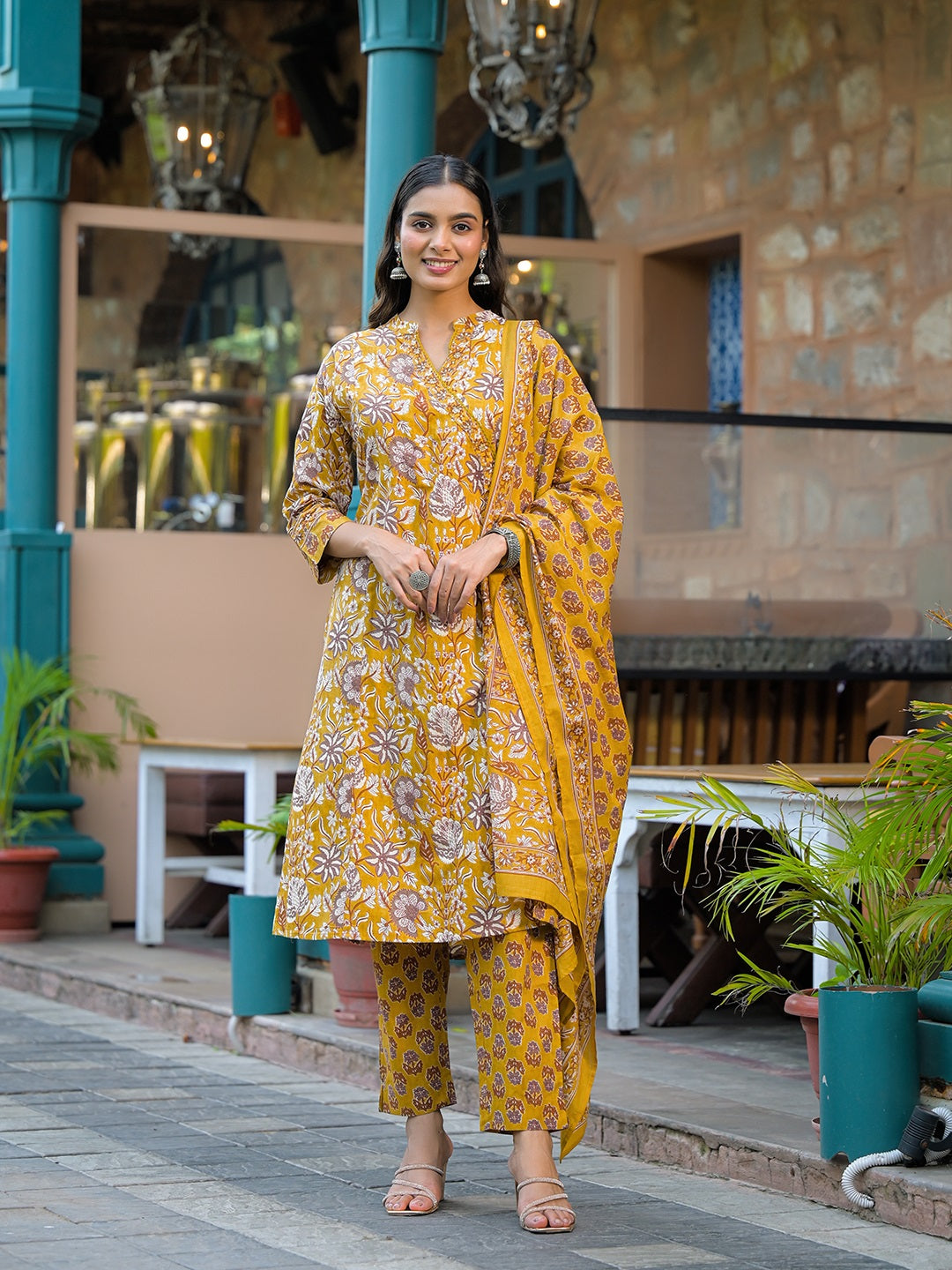 Divena Mustard Floral Print Cotton Kurta Sets With Dupatta