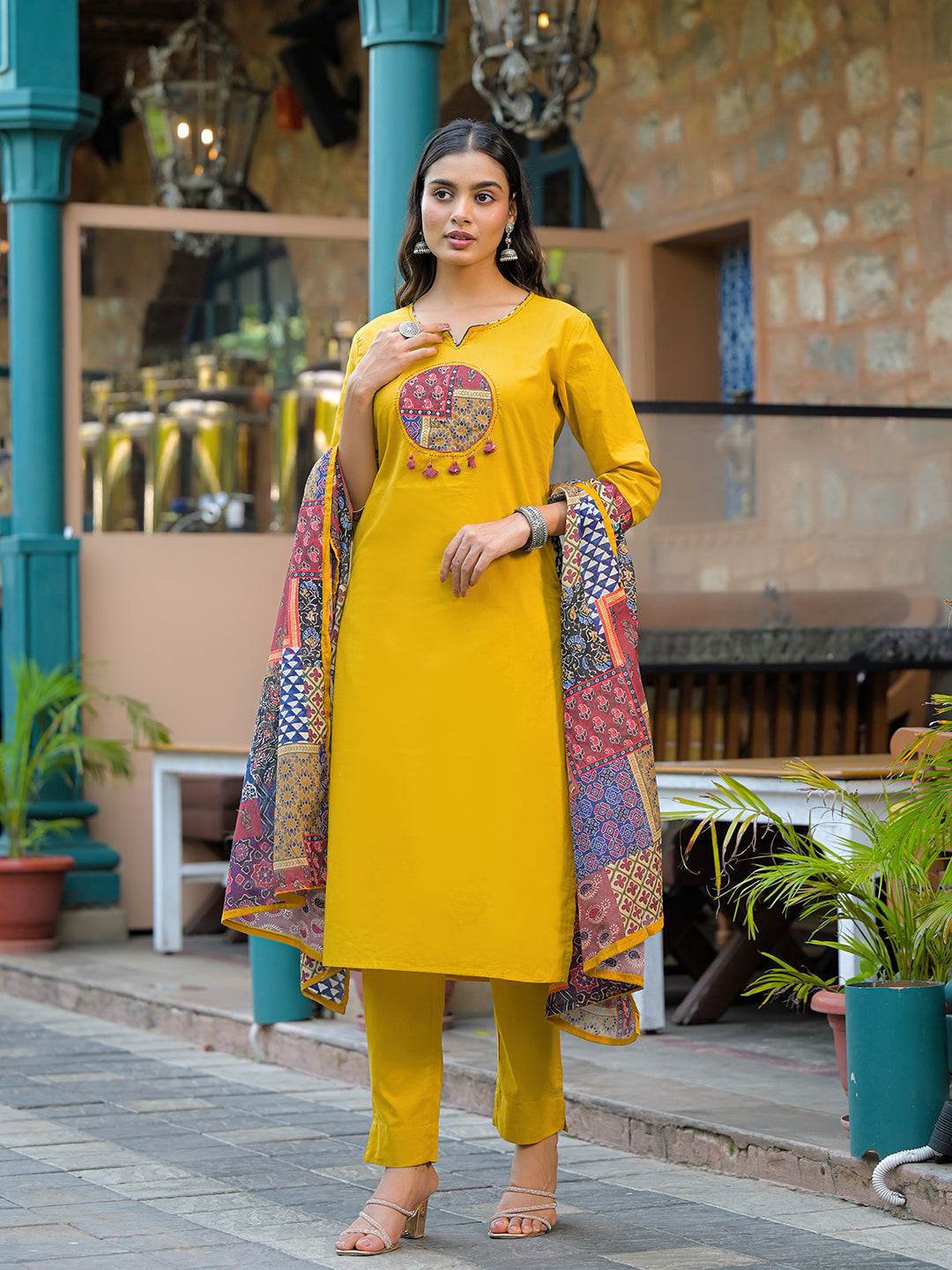Divena Mustard Embroidered Cotton Kurta Sets With Dupatta