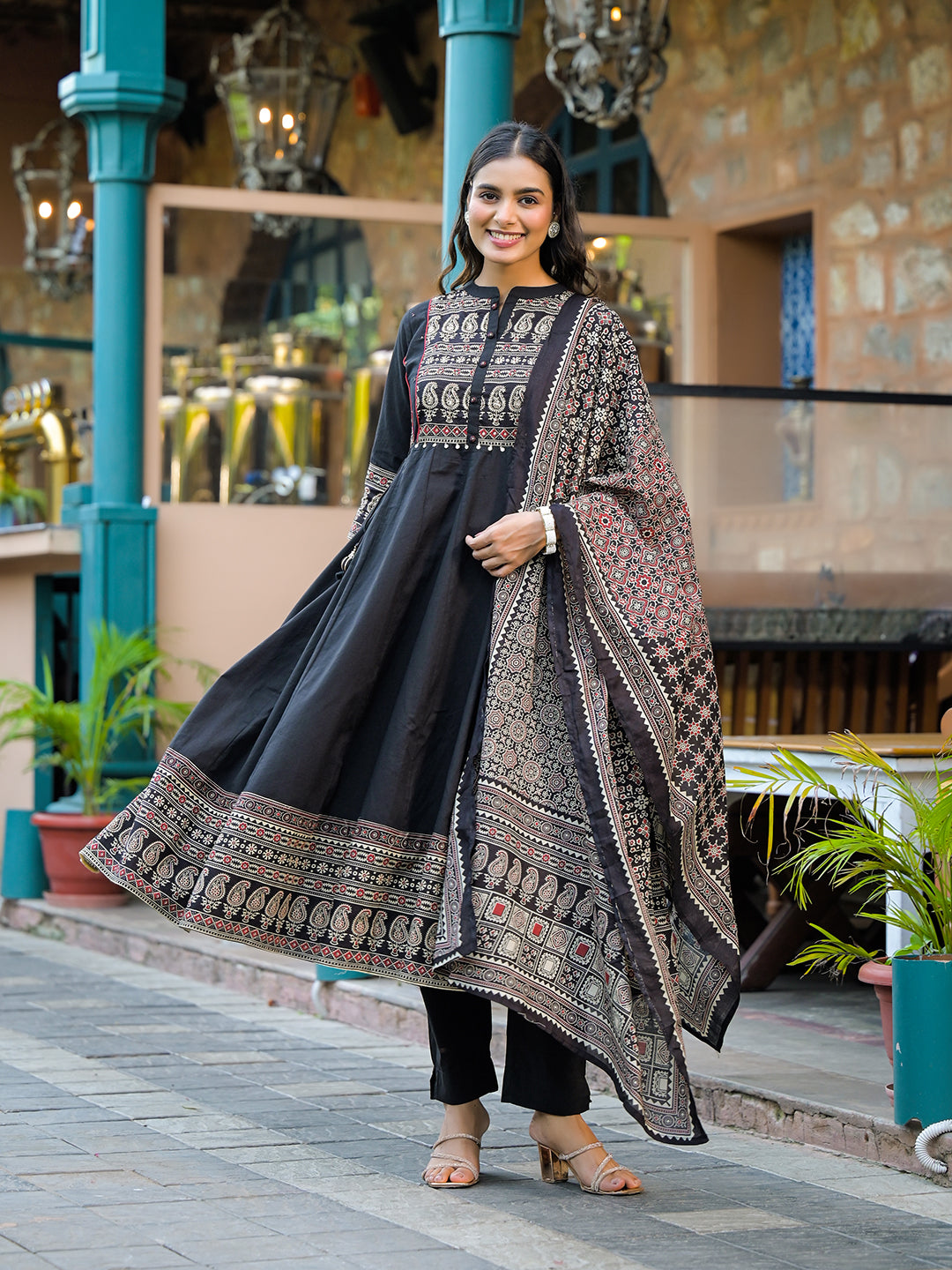 Divena Black Paisley Print Cotton Anarkali Kurta Sets With Dupatta