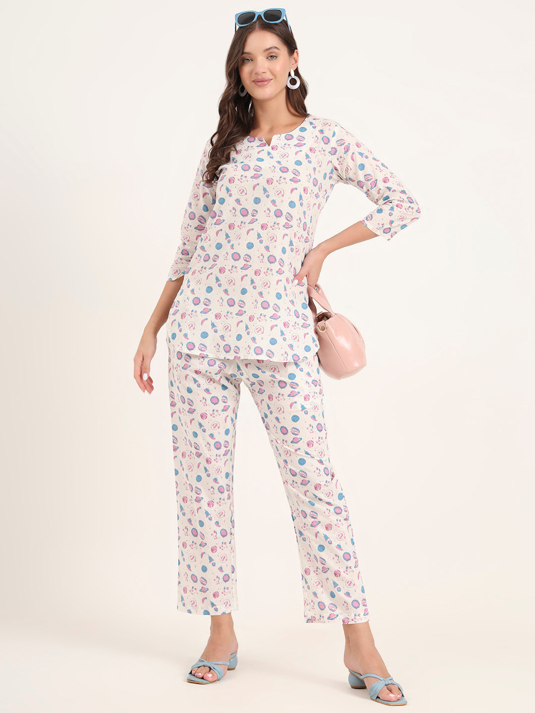 Divena White Printed Cotton Night Suit Sets
