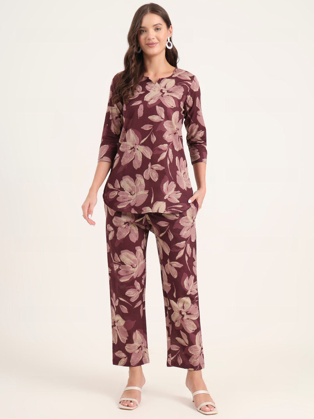 Divena Burgundy Printed Cotton Night Suit Sets