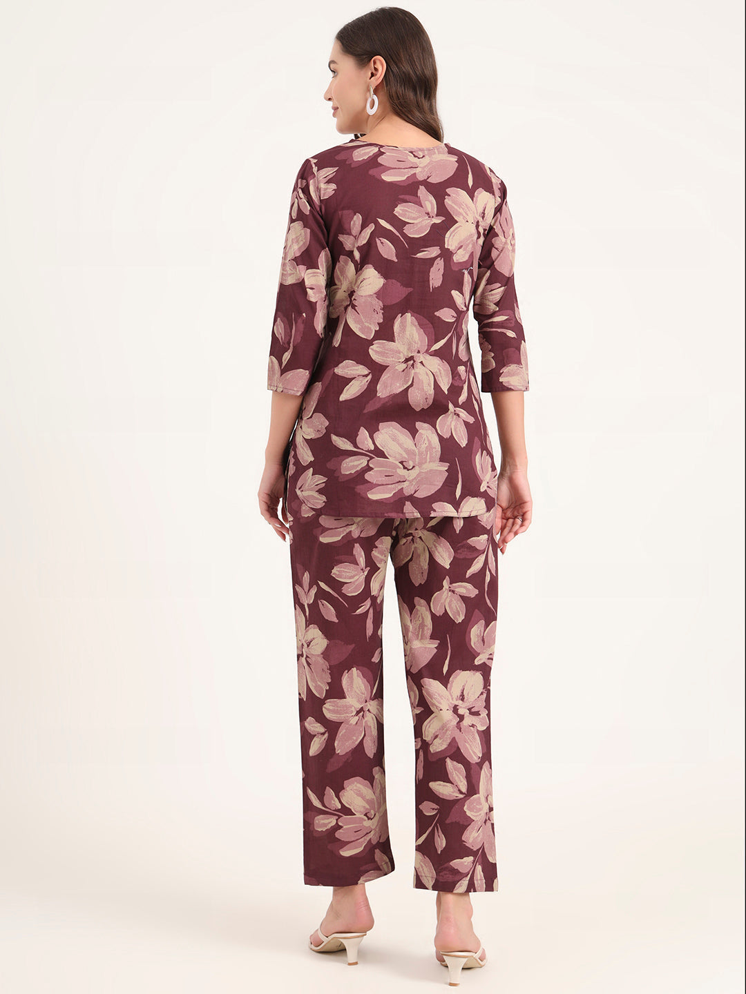 Divena Burgundy Printed Cotton Night Suit Sets