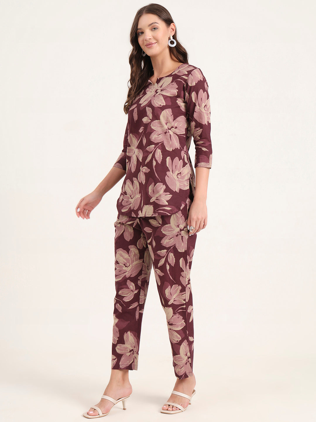 Divena Burgundy Printed Cotton Night Suit Sets