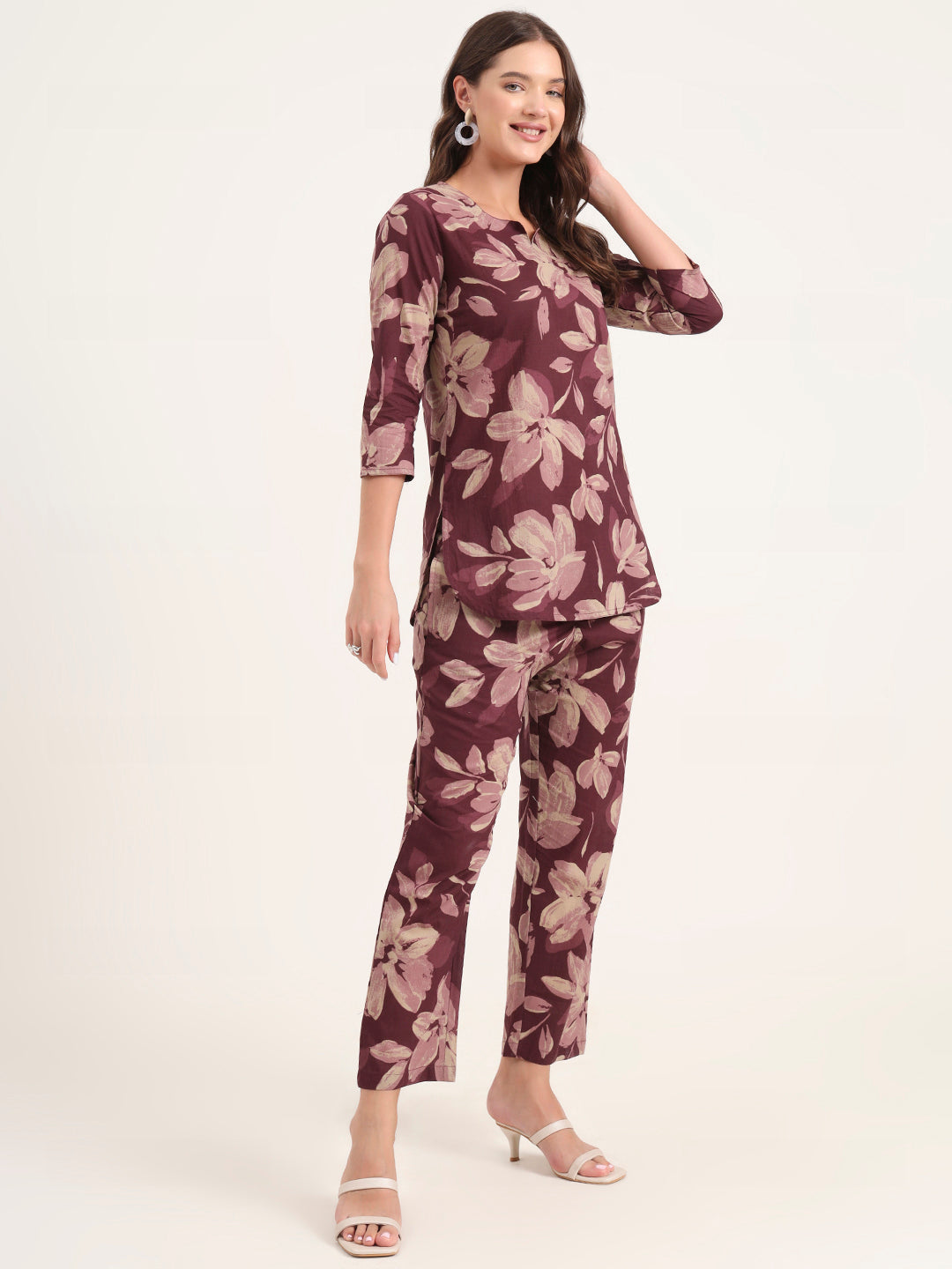 Divena Burgundy Printed Cotton Night Suit Sets