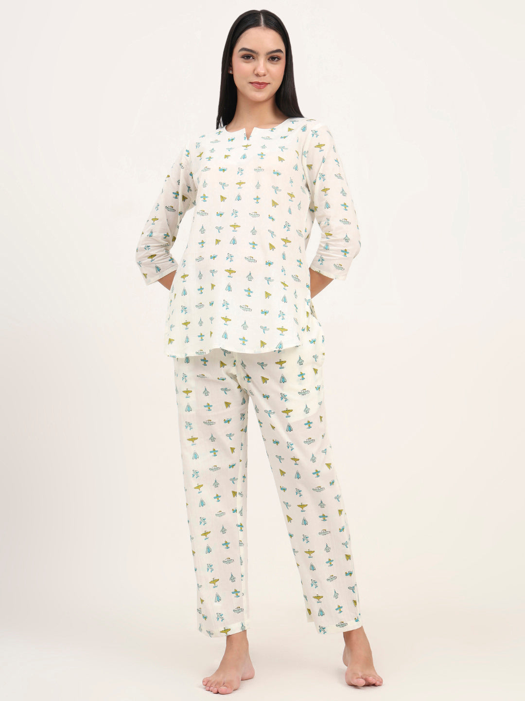 Divena Cream Cotton Printed Night Suit Set