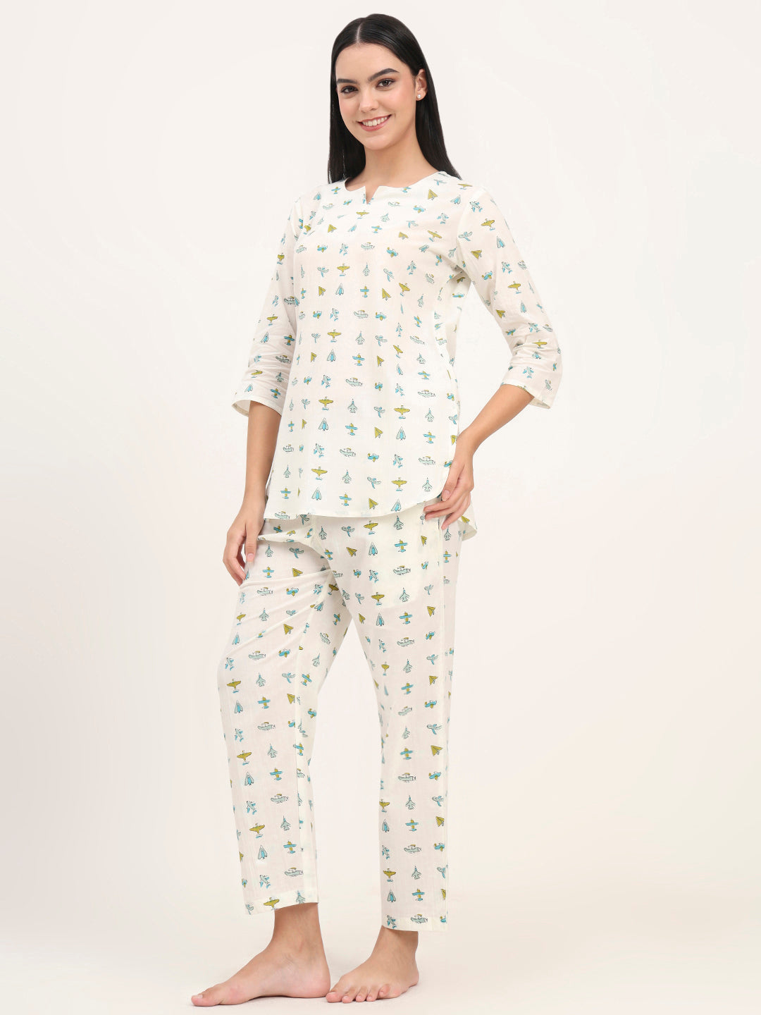 Divena Cream Cotton Printed Night Suit Set