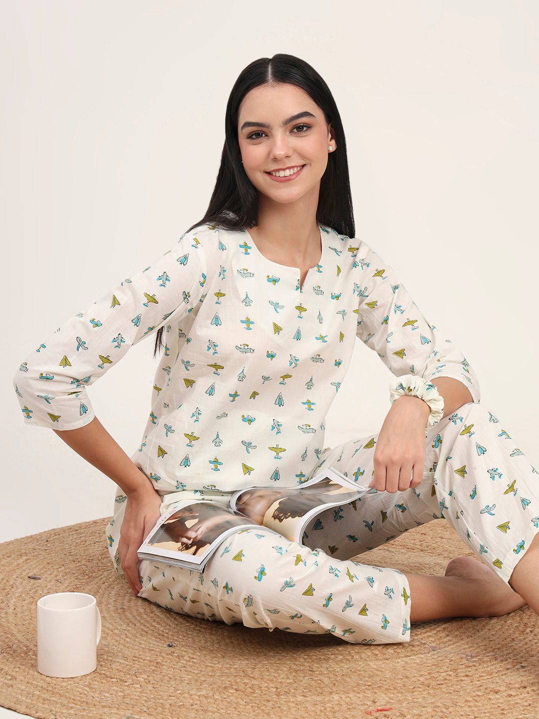 Divena Cream Cotton Printed Night Suit Set