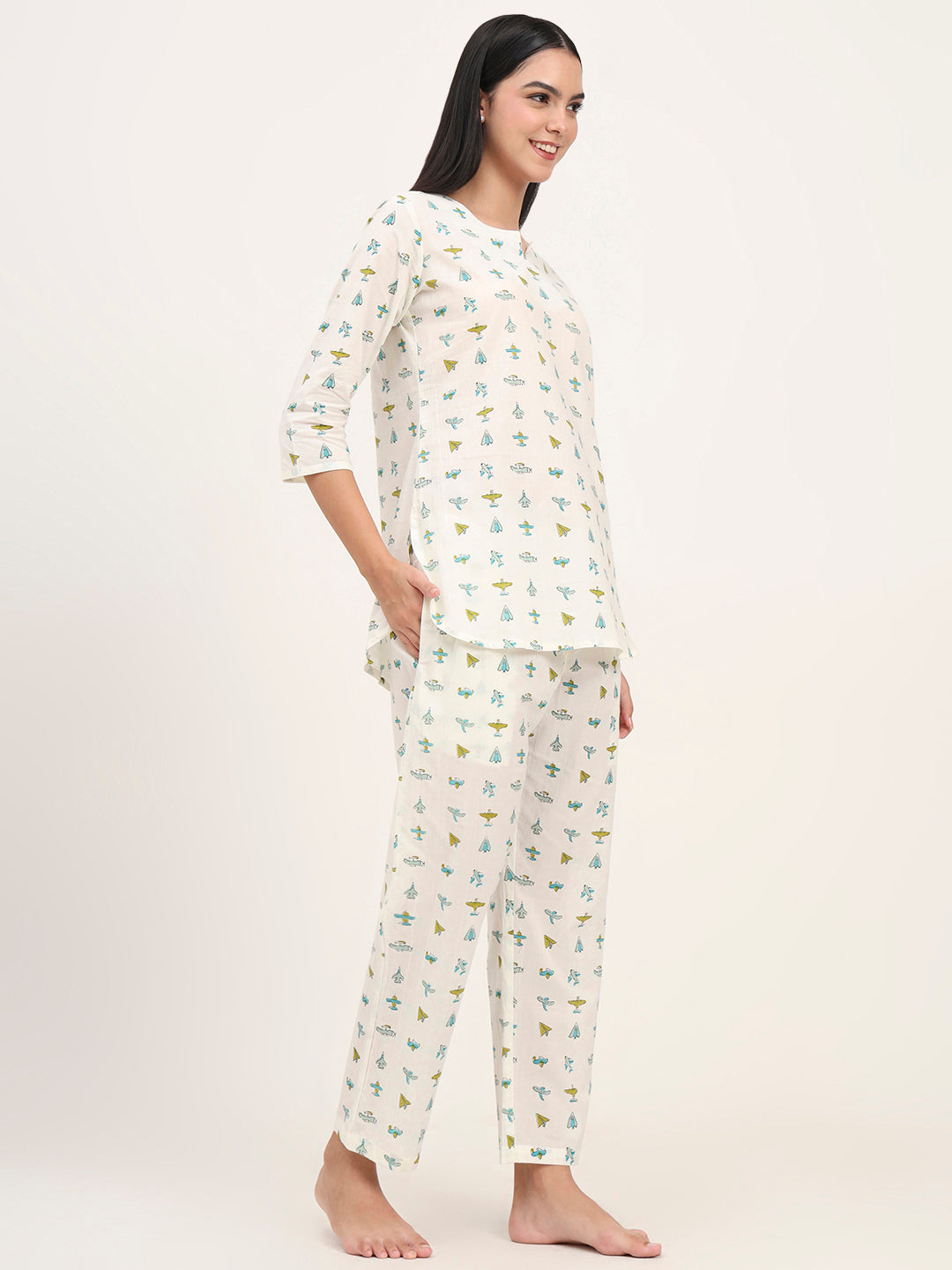 Divena Cream Cotton Printed Night Suit Set