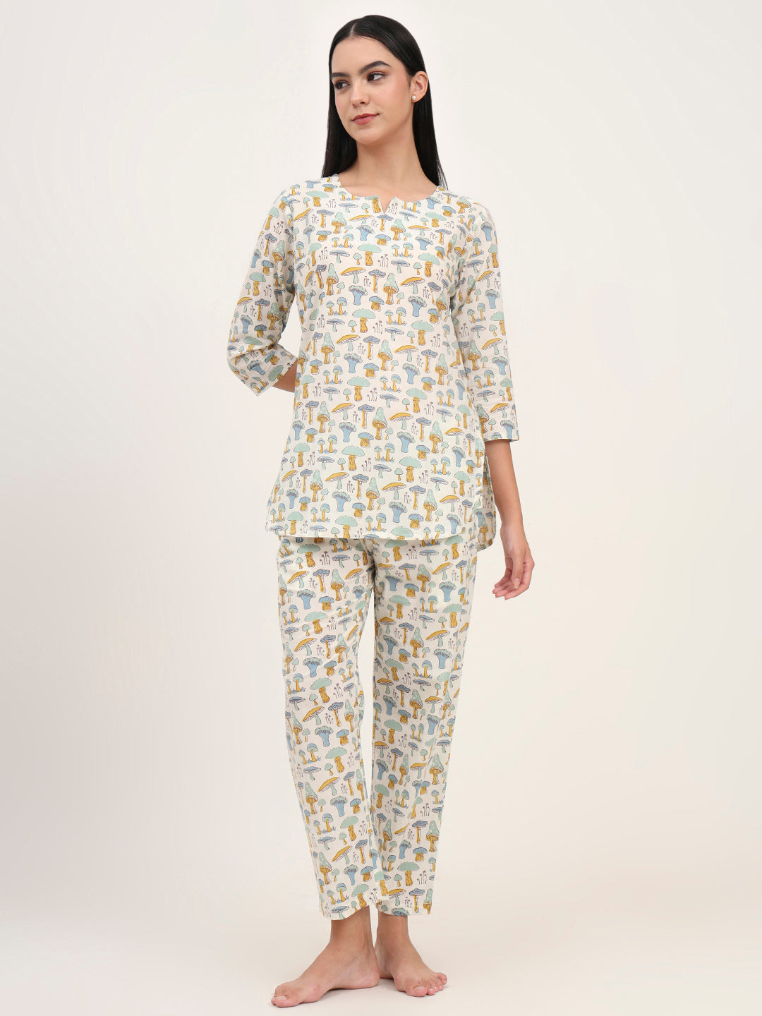 Divena Cream Cotton Printed Night Suit Set