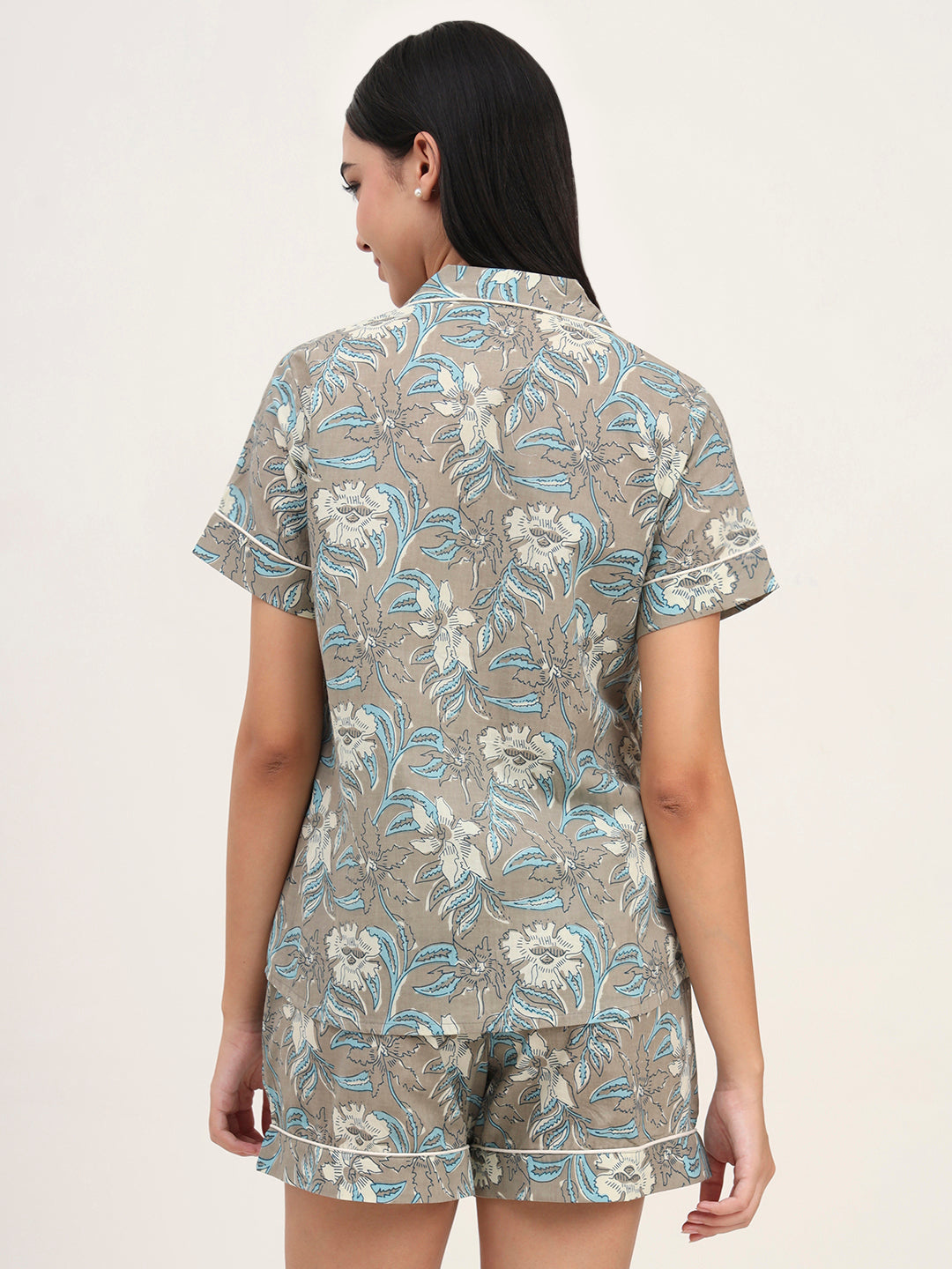 Divena Grey Cotton Floral Printed Shirts With Shorts Night Suits