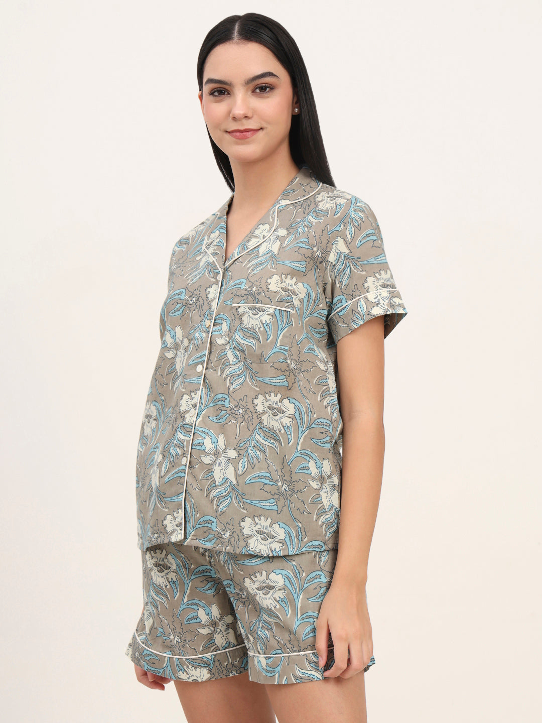 Divena Grey Cotton Floral Printed Shirts With Shorts Night Suits
