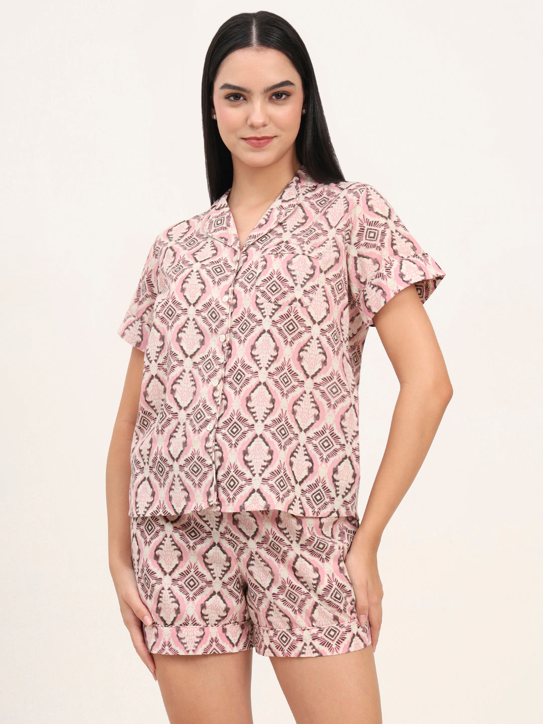 Divena Pink Cotton Floral Printed Shirts With Shorts Night Suits