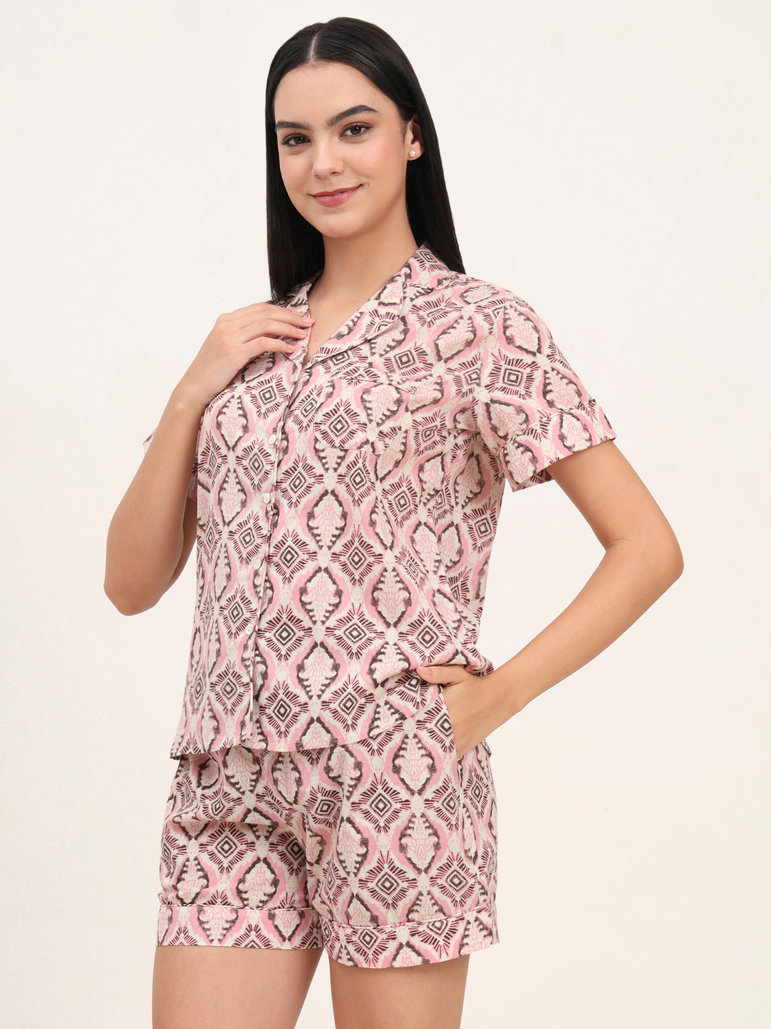 Divena Pink Cotton Floral Printed Shirts With Shorts Night Suits