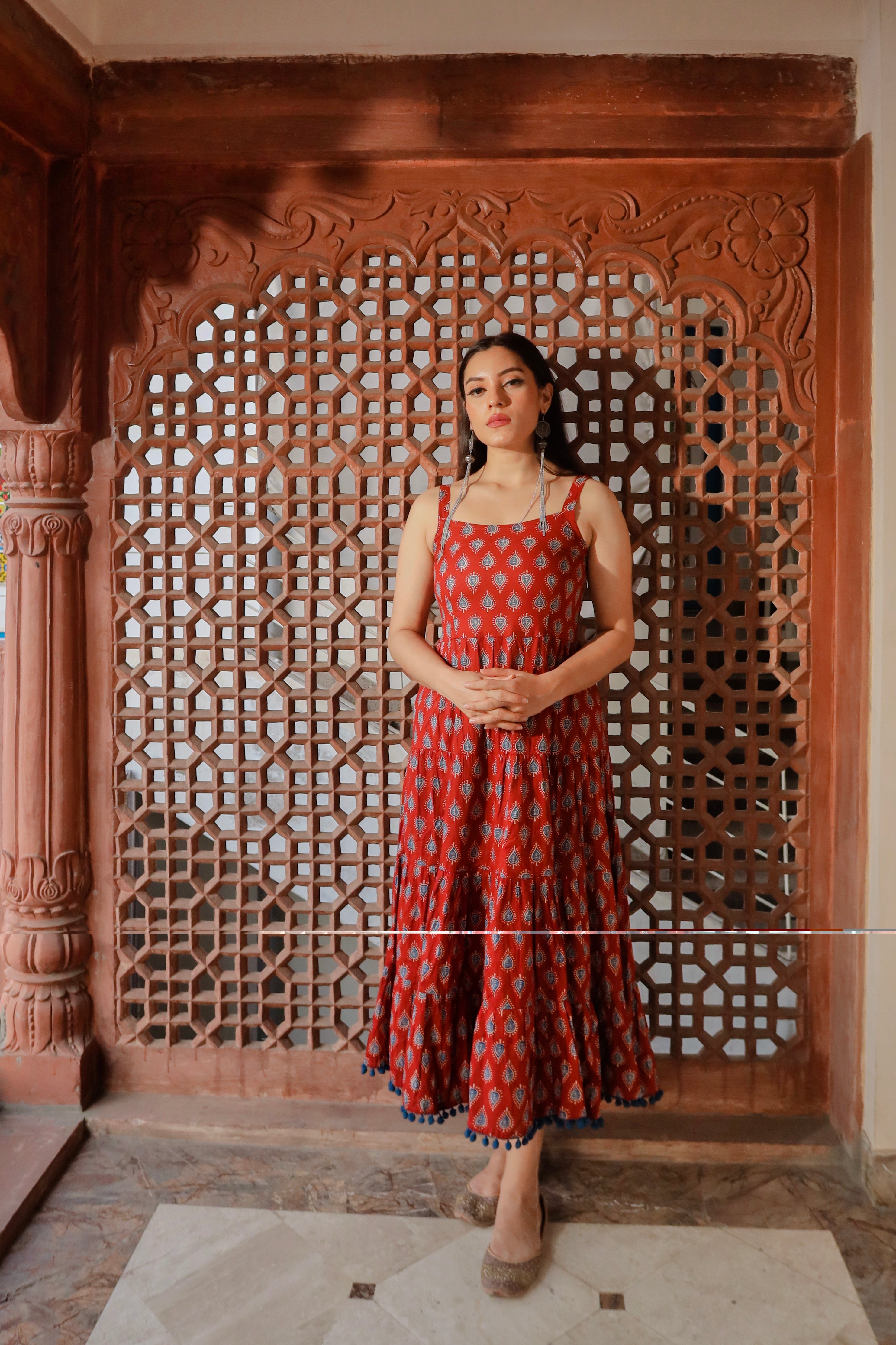 Divena Maroon Buti Printed Shoulder Strip Long dress