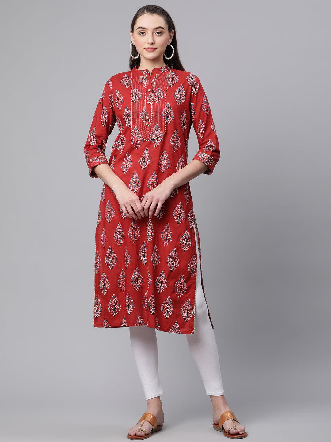 Divena Red Cotton Straight Kurta