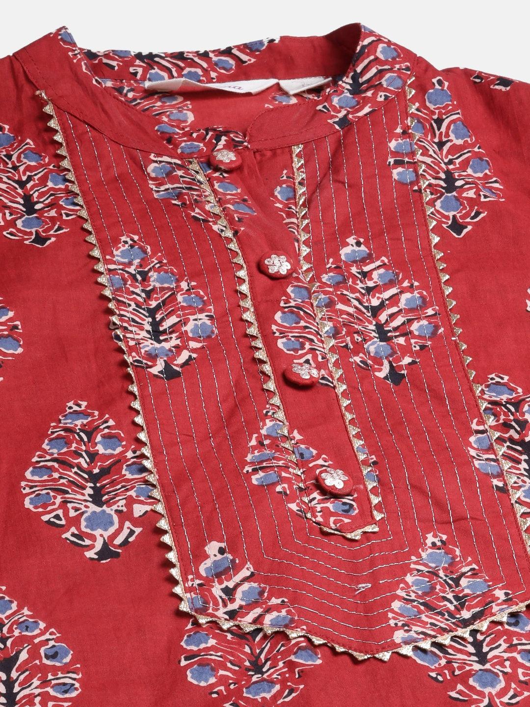 Divena Red Cotton Straight Kurta