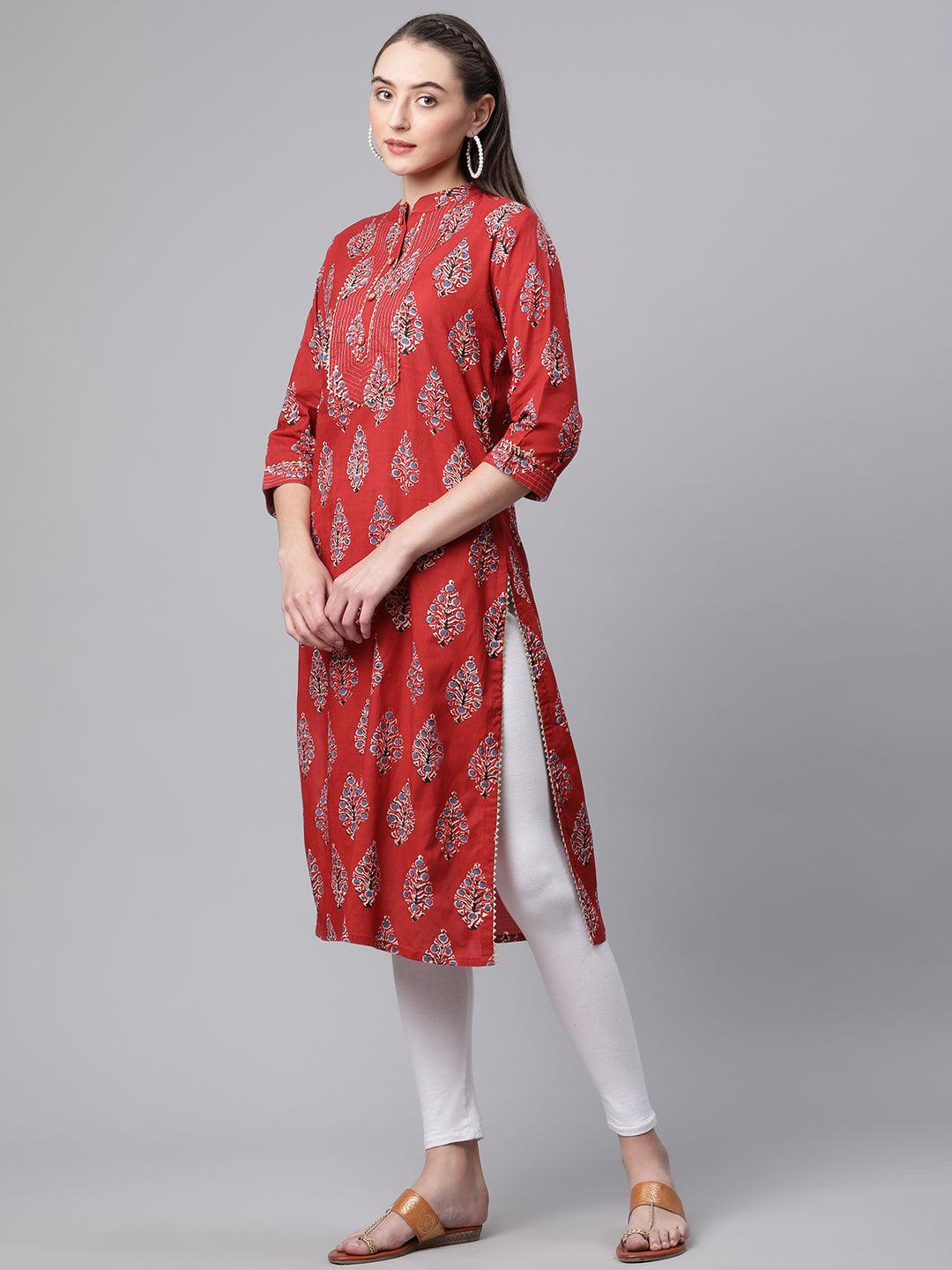 Divena Red Cotton Straight Kurta