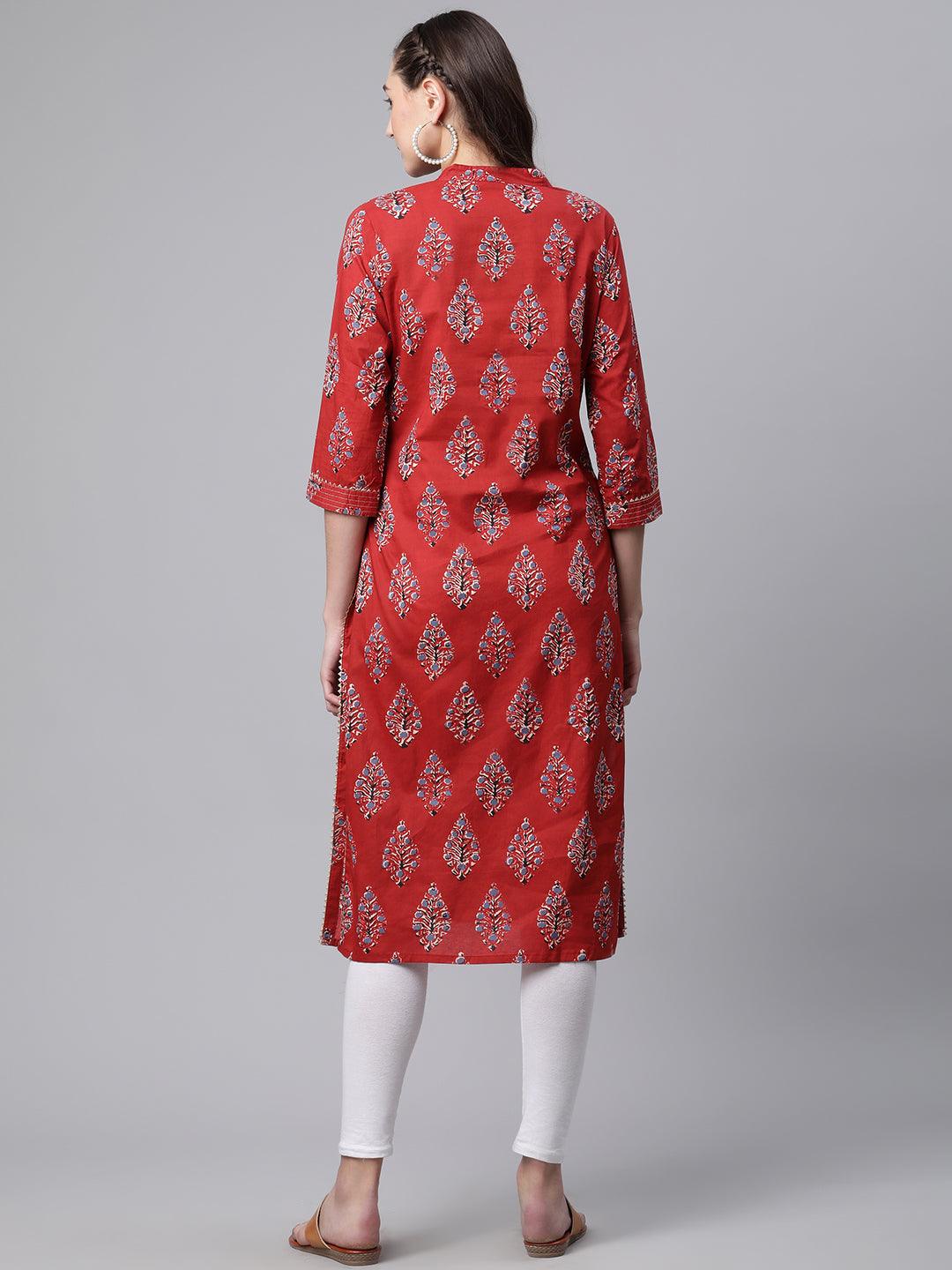 Divena Red Cotton Straight Kurta