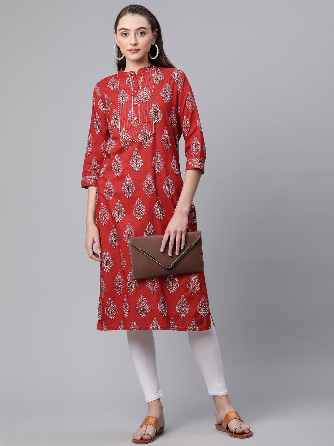 Divena Red Cotton Straight Kurta