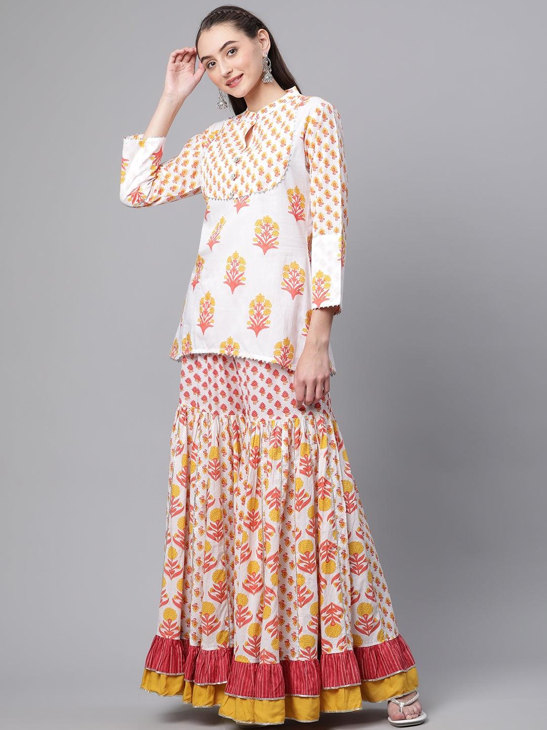 Divena Yellow White Peplum Top Sharara Set with Dupatta