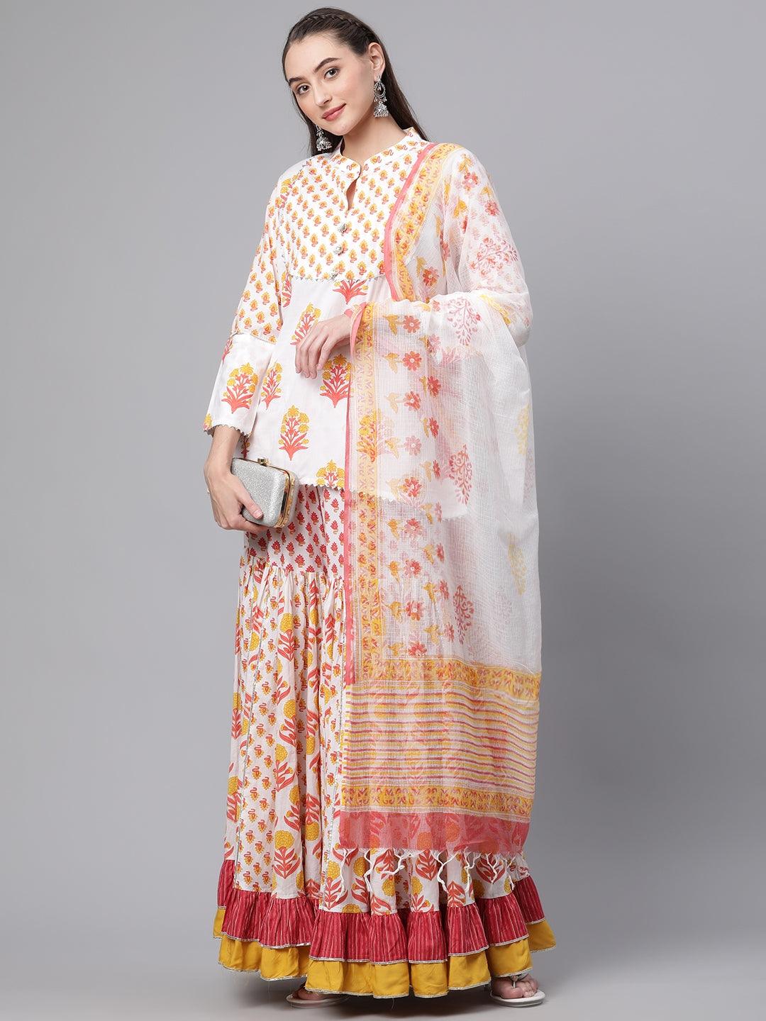 Divena Yellow White Peplum Top Sharara Set with Dupatta