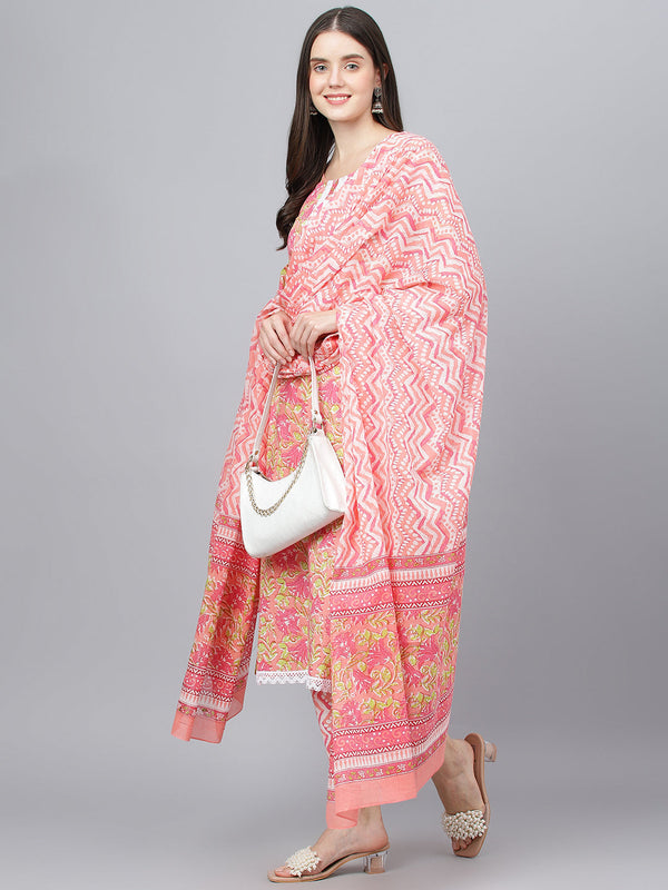 Women Peach Floral Printed Kurta Pant set With Dupatta | WomensFashionFun.com