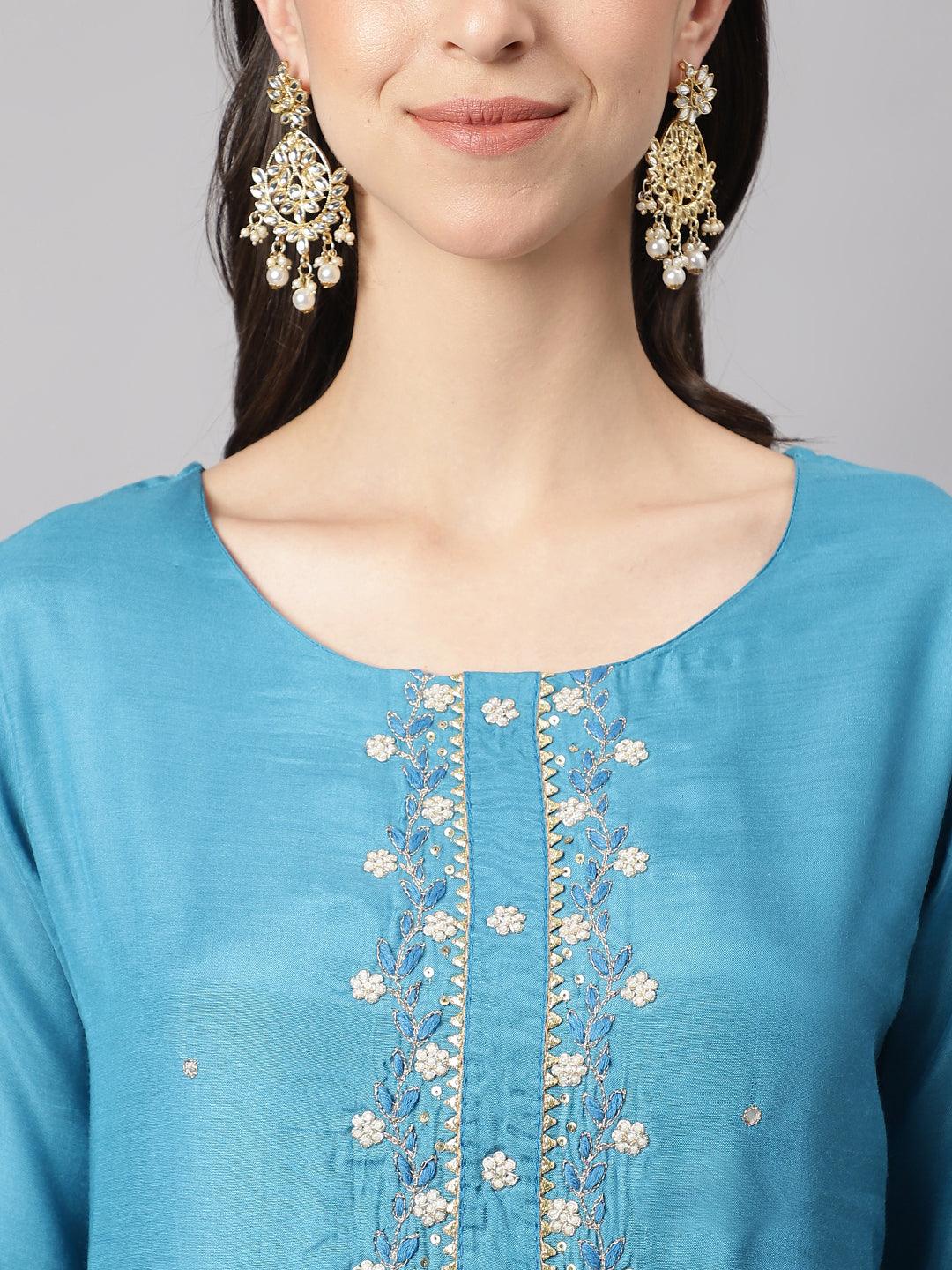 Divena Teal Blue Muslin Embroidary Kurta pant Set with Organza Dupatta