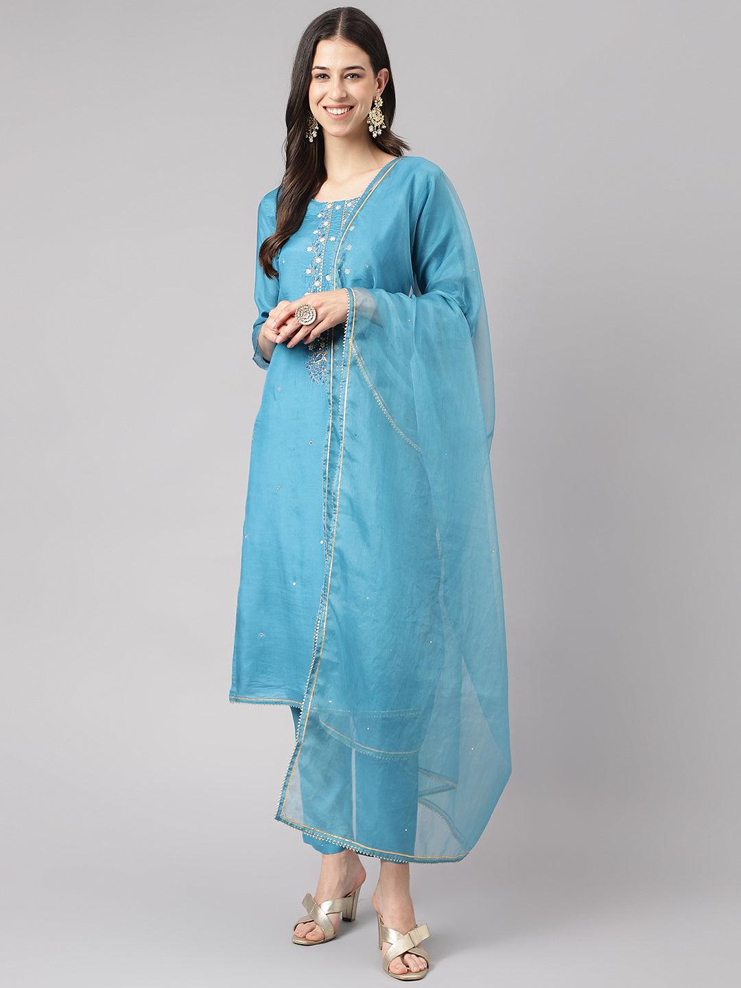Divena Teal Blue Muslin Embroidery Kurta pant Set with Organza Dupatta
