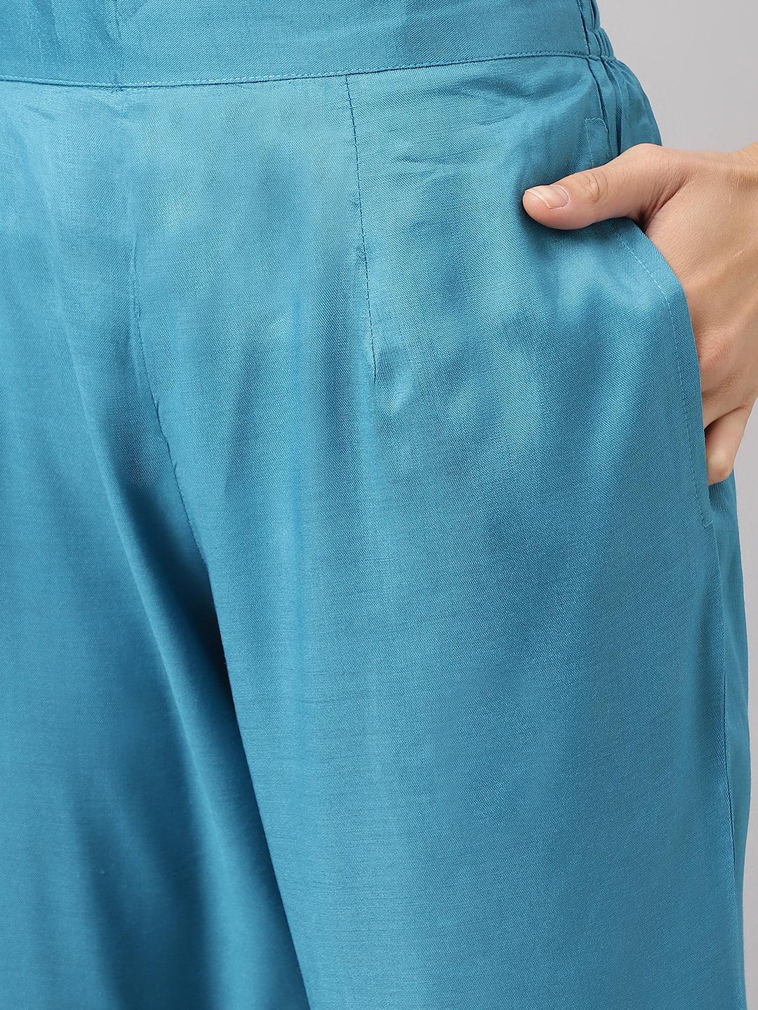 Divena Teal Blue Muslin Embroidary Kurta pant Set with Organza Dupatta