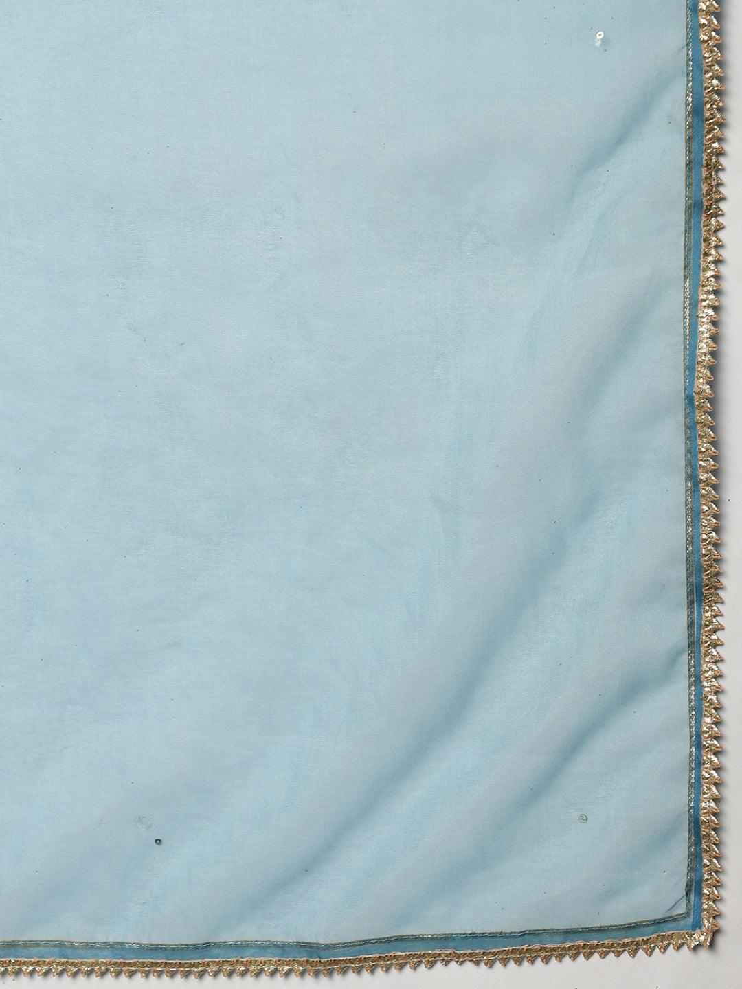 Divena Teal Blue Muslin Embroidery Kurta pant Set with Organza Dupatta