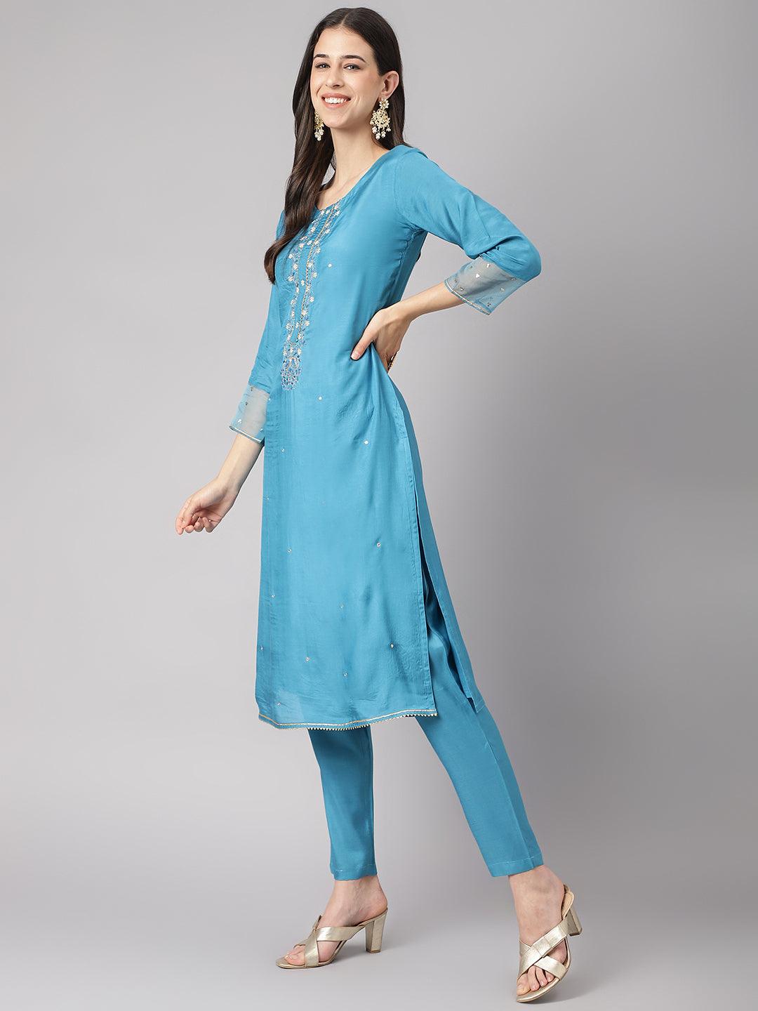 Divena Teal Blue Muslin Embroidery Kurta pant Set with Organza Dupatta