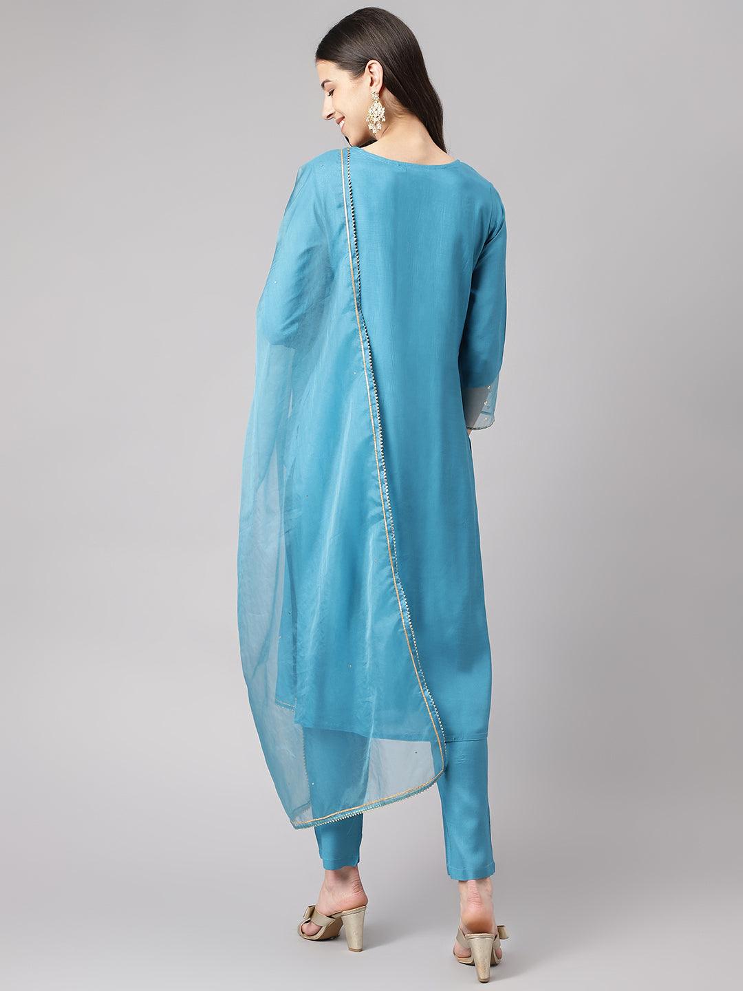 Divena Teal Blue Muslin Embroidary Kurta pant Set with Organza Dupatta