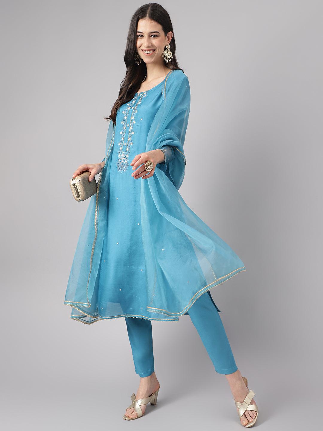 Divena Teal Blue Muslin Embroidary Kurta pant Set with Organza Dupatta