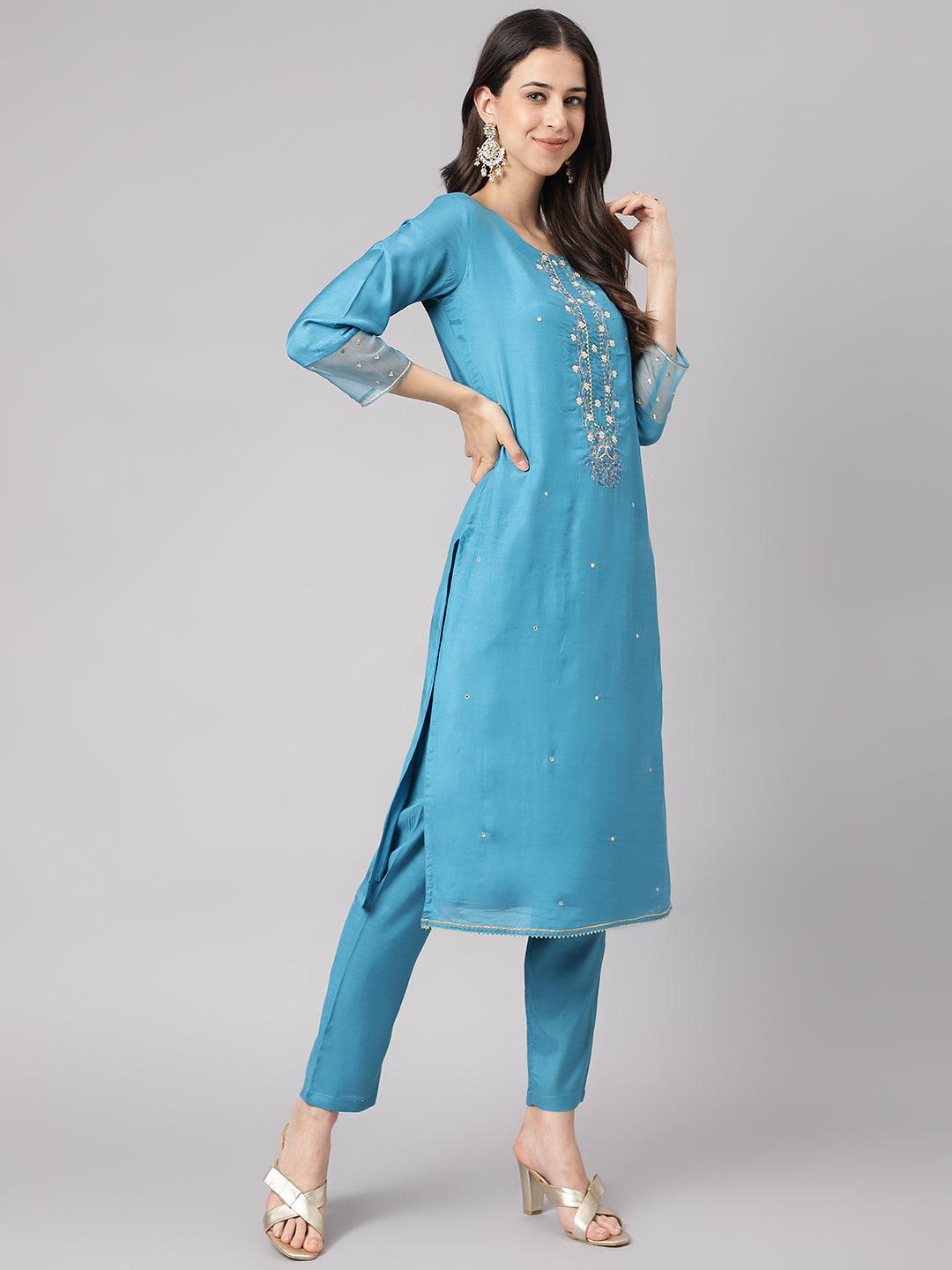 Divena Teal Blue Muslin Embroidary Kurta pant Set with Organza Dupatta
