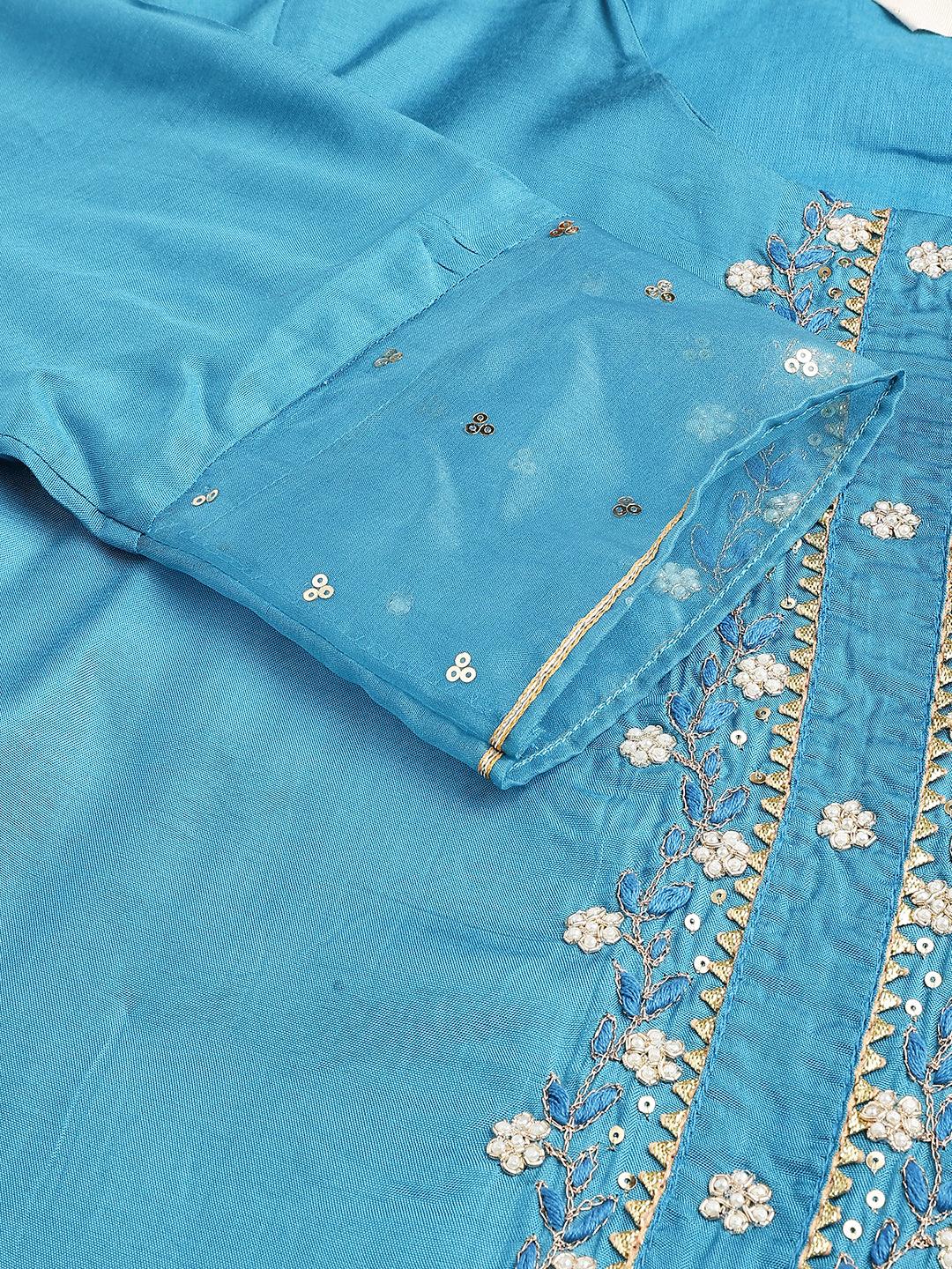 Divena Teal Blue Muslin Embroidary Kurta pant Set with Organza Dupatta