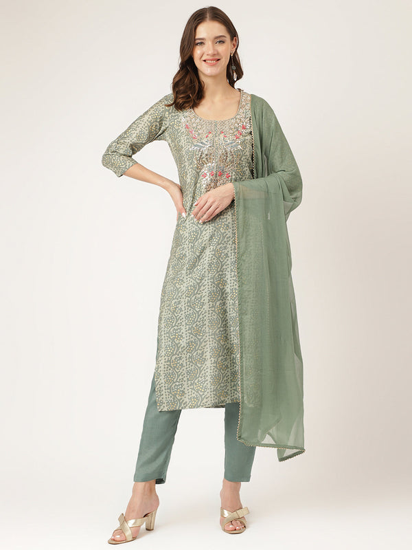 Green Floral  Print Chanderi  Kurta, Trouser With Dupatta | womensfashionfun