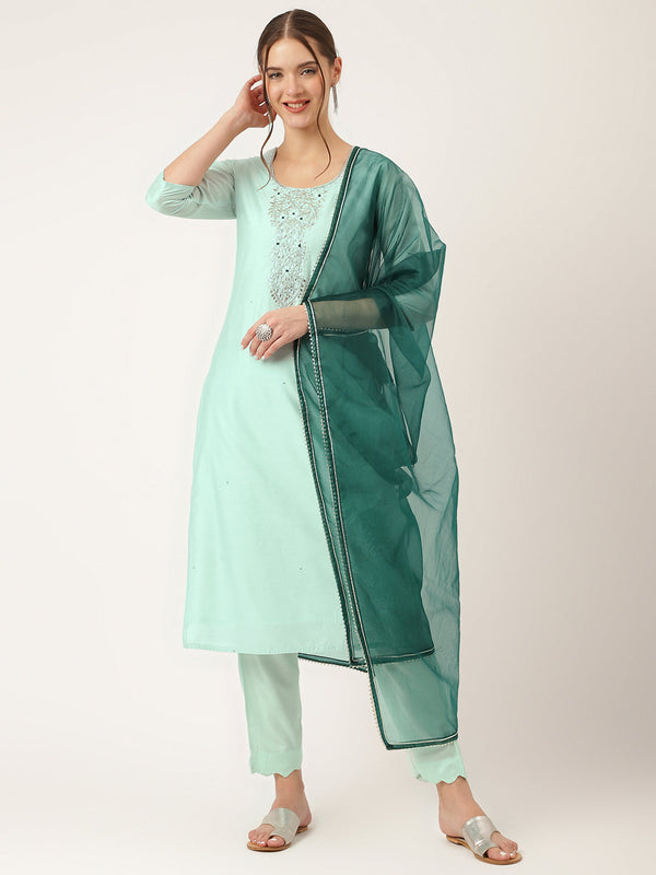 Sea Green Embroidered  Chanderi  Kurta, Trouser With Dupatta | womensfashionfun