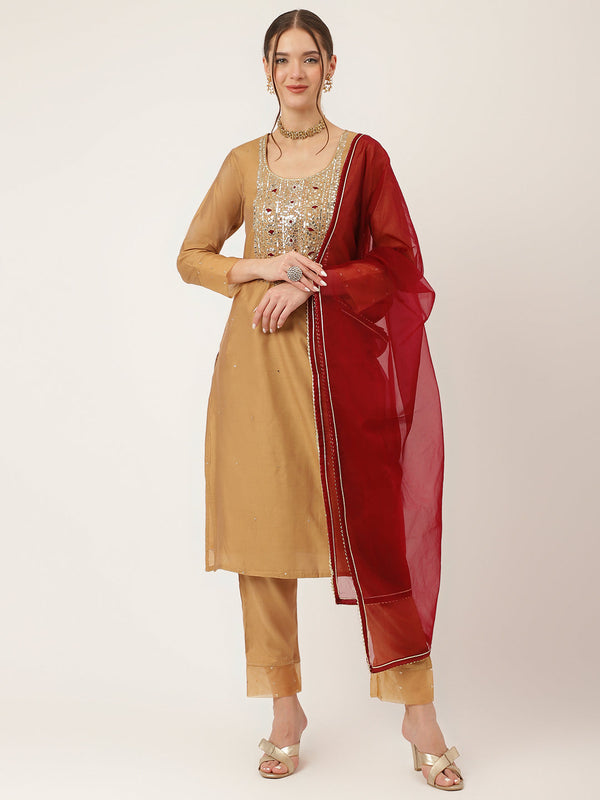 Brown Embroidered Chanderi  Kurta, Trouser With Dupatta | womensfashionfun