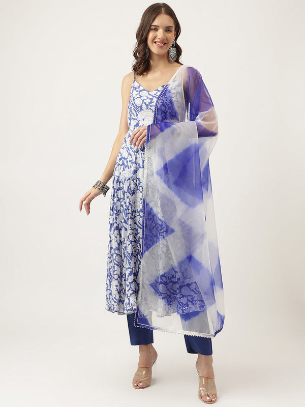 Blue Muslin Floral Printed Kurta, Trouser with Dupatta Set | womensfashionfun