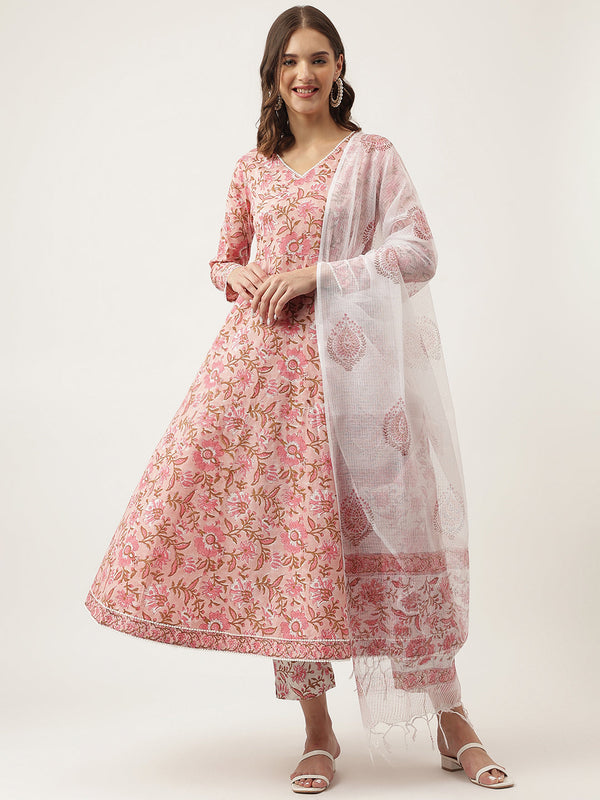 Pink Floral Printed Cotton Anarkali Kurta, trouser with Dupatta Set | womensfashionfun