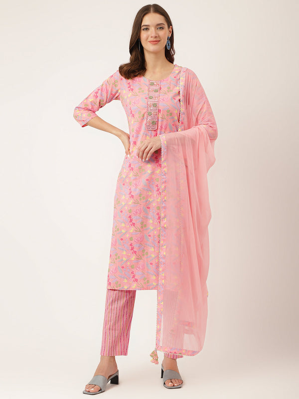 Pink Floral Print Cotton  Kurta, Trouser With Dupatta | womensfashionfun