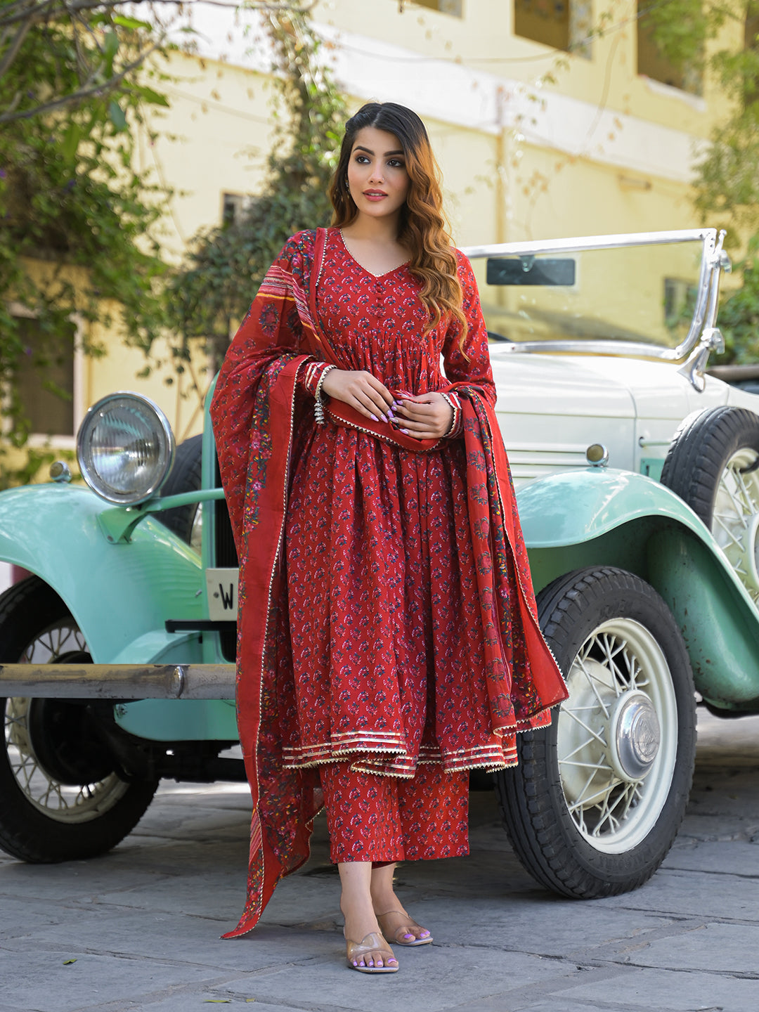 Divena Red Floral Cotton Printed Anarkali Kurta Pant With Dupatta