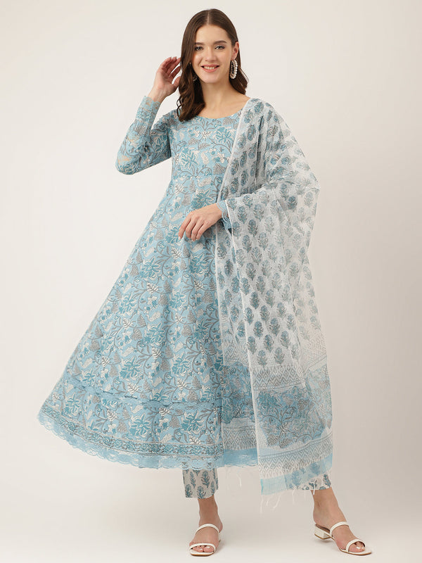 Sky Blue Hand Block Floral Print Cotton Kurta, Trouser With Dupatta | womensfashionfun