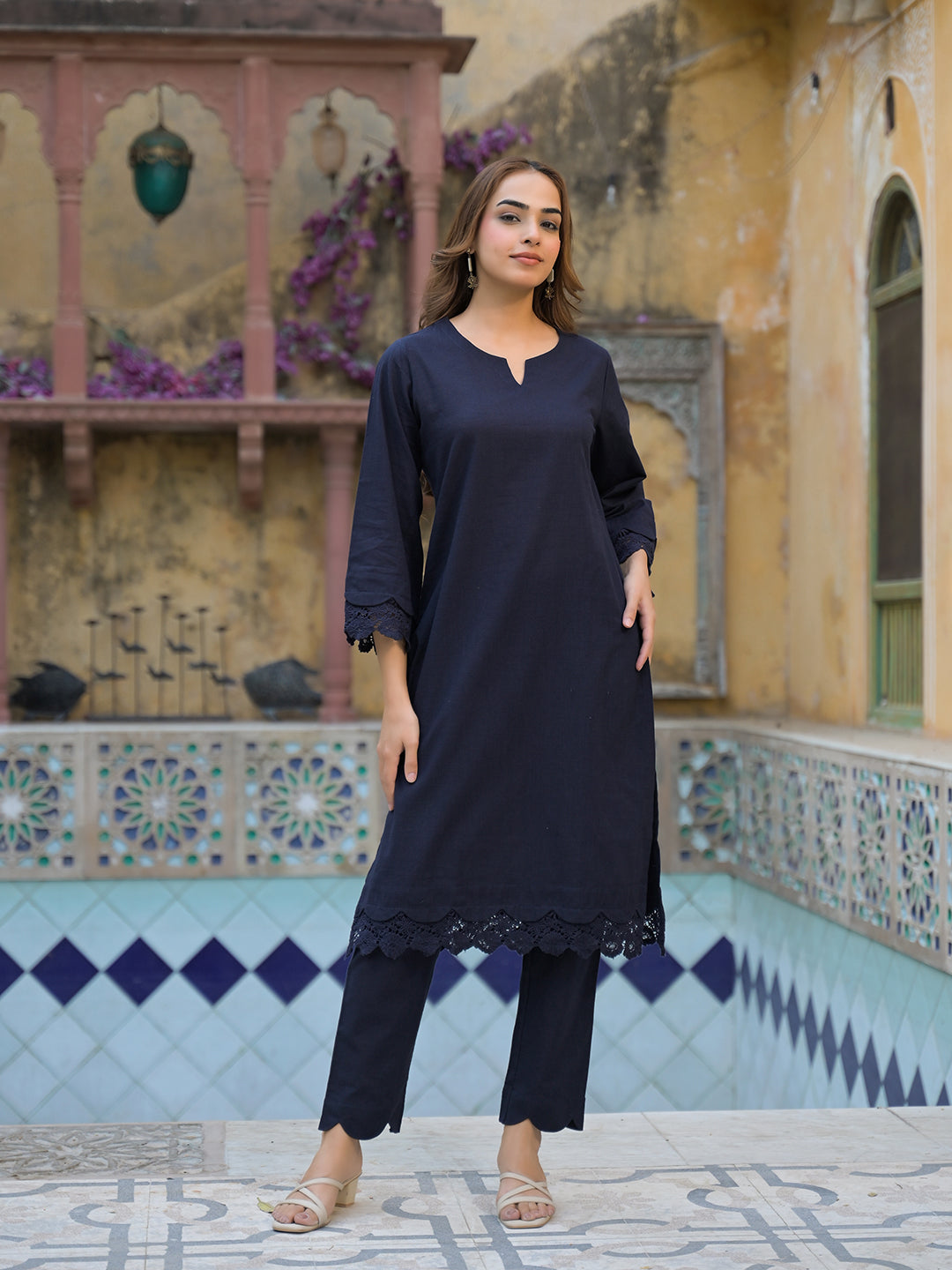 Divena Navy Blue Cotton Straight Fit Lace Border Kurta with Trouser