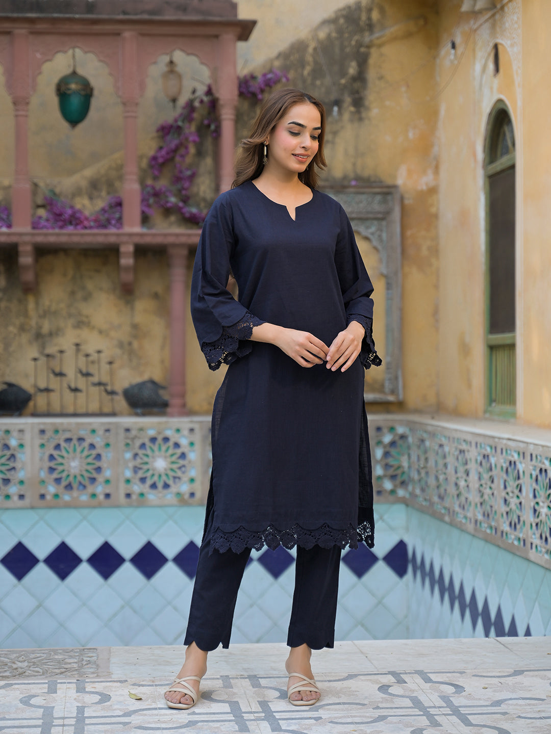 Divena Navy Blue Cotton Straight Fit Lace Border Kurta with Trouser