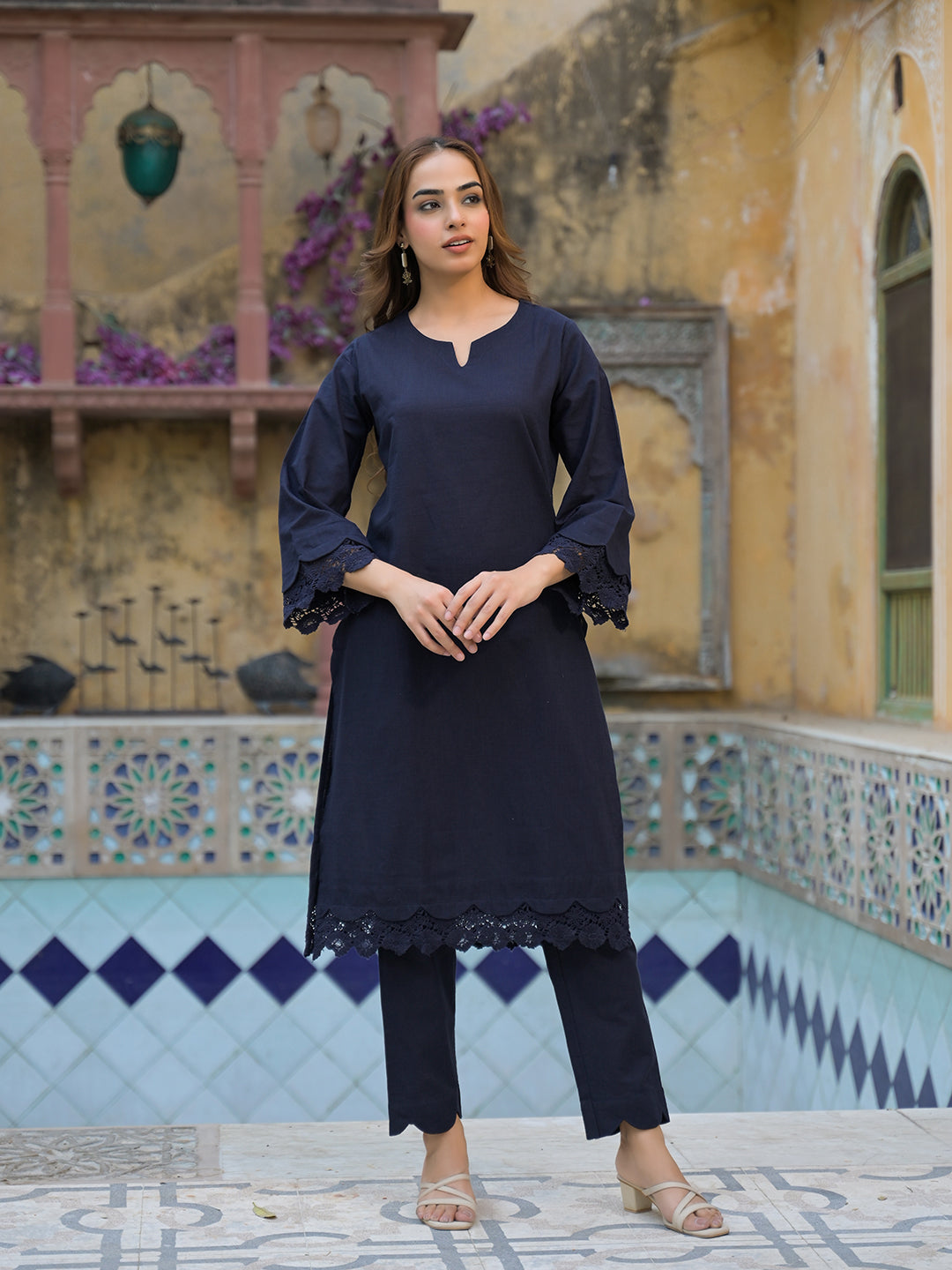 Divena Navy Blue Cotton Straight Fit Lace Border Kurta with Trouser