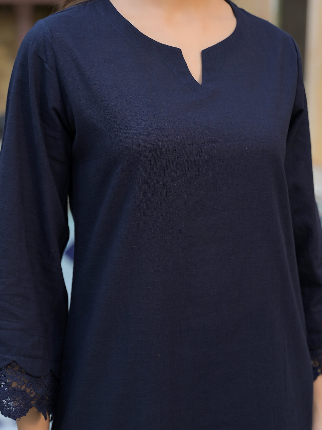 Divena Navy Blue Cotton Straight Fit Lace Border Kurta with Trouser