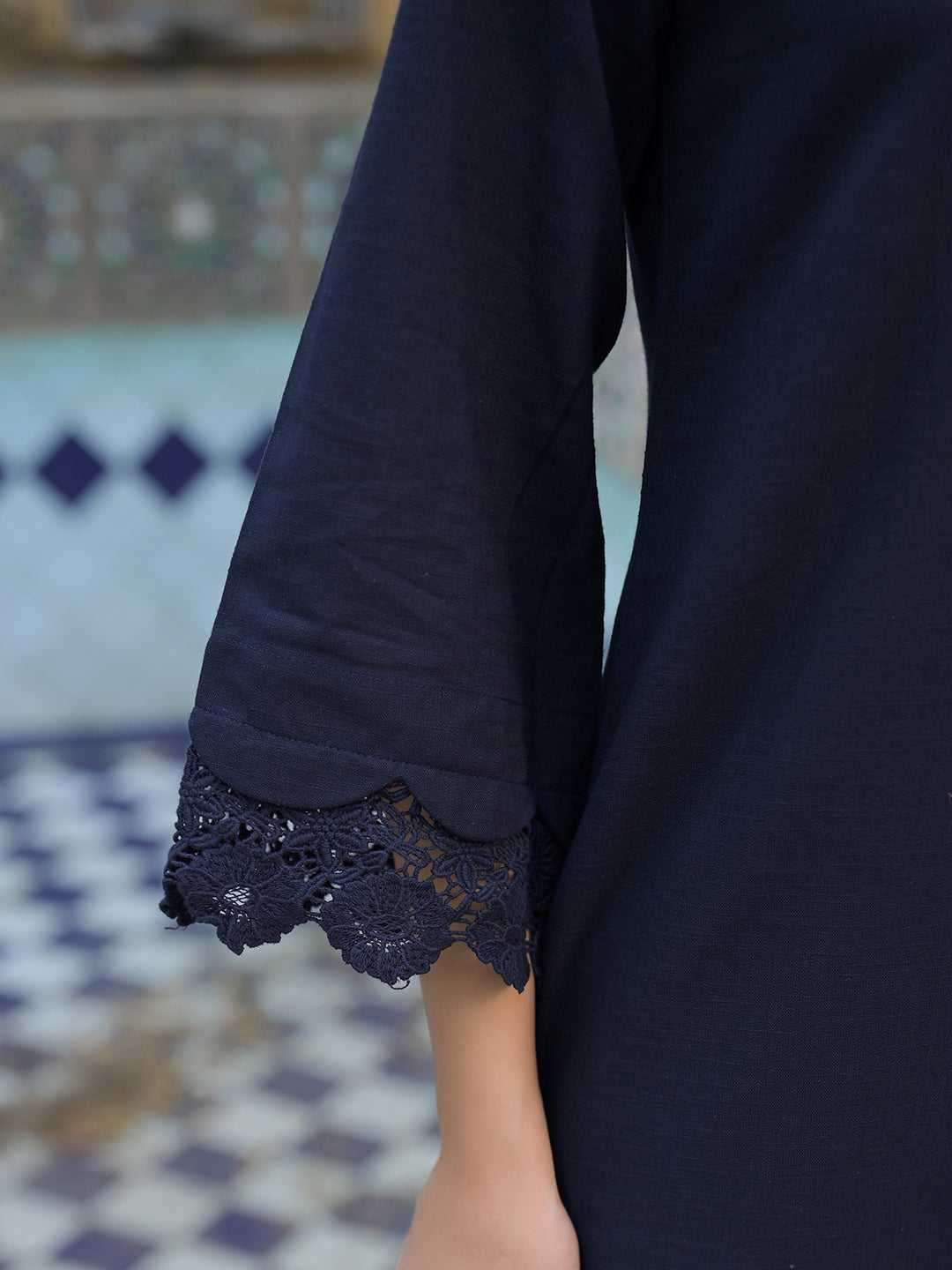 Divena Navy Blue Cotton Straight Fit Lace Border Kurta with Trouser
