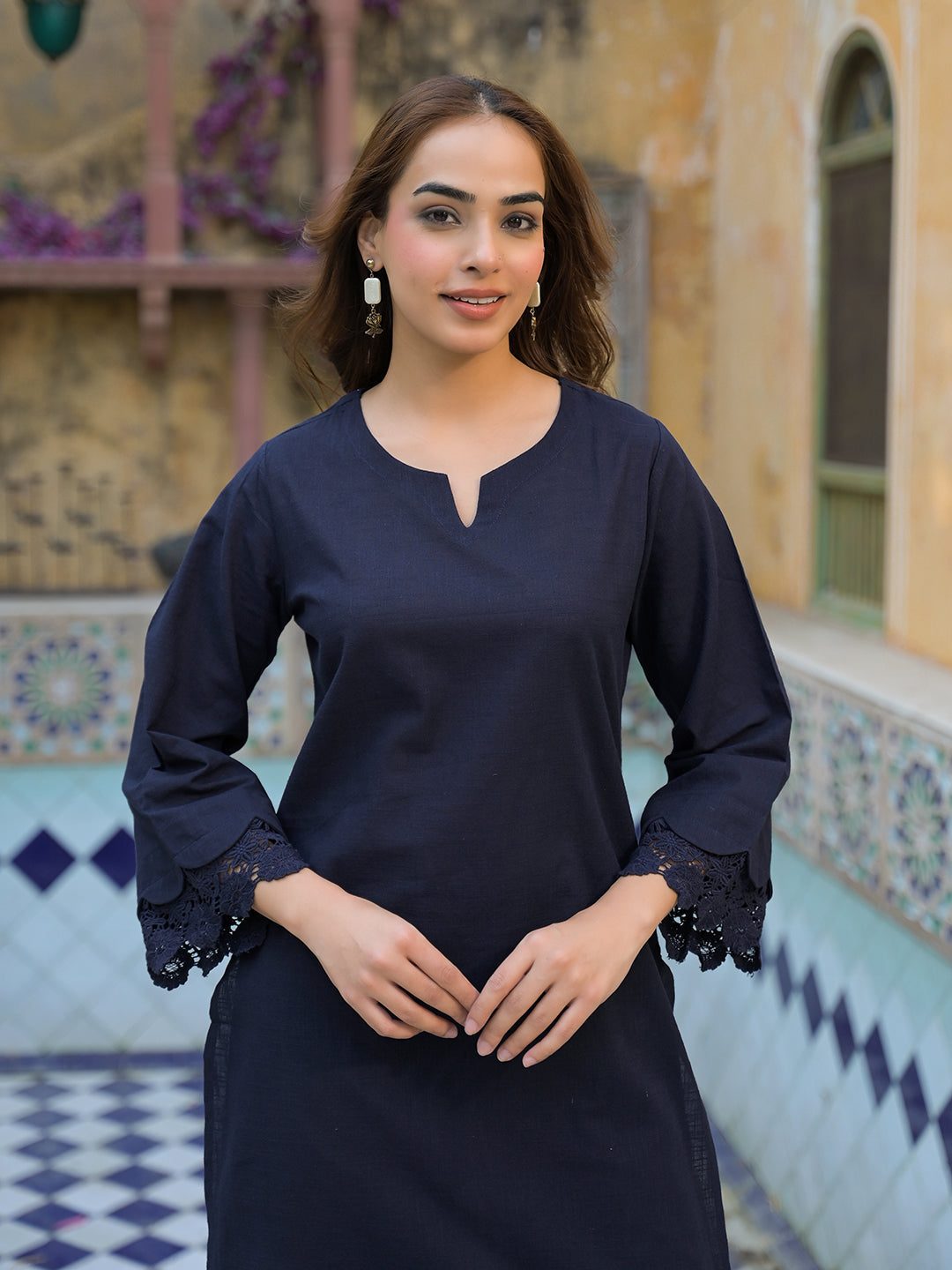 Divena Navy Blue Cotton Straight Fit Lace Border Kurta with Trouser