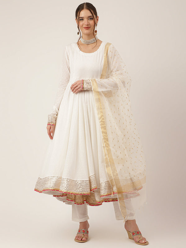 Off White Shree Ram Buta Print Cotton Layered Anarkali Kurta, Trouser With Dupatta | womensfashionfun